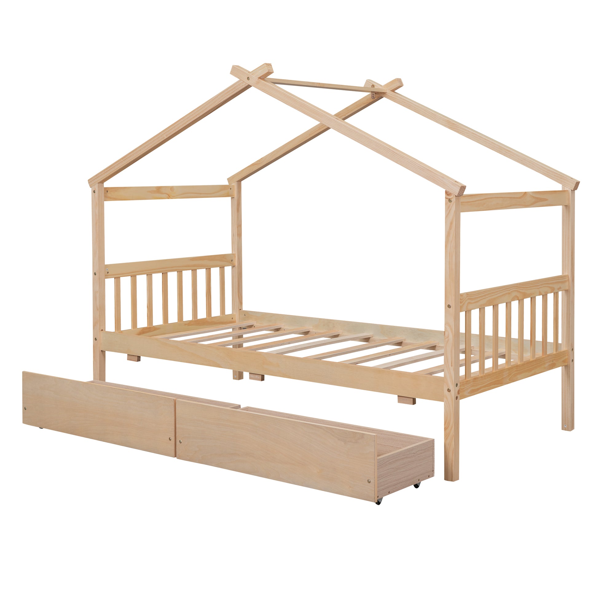 Twin Size Wooden House Bed With Drawers, Natural Natural Solid Wood Mdf