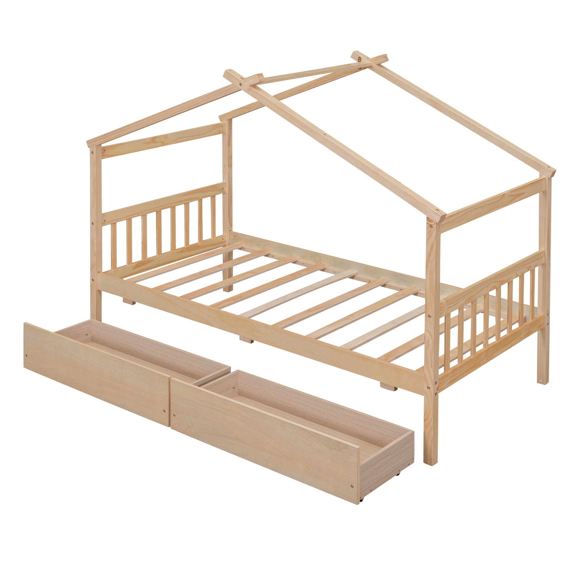 Twin Size Wooden House Bed With Drawers, Natural Natural Solid Wood Mdf