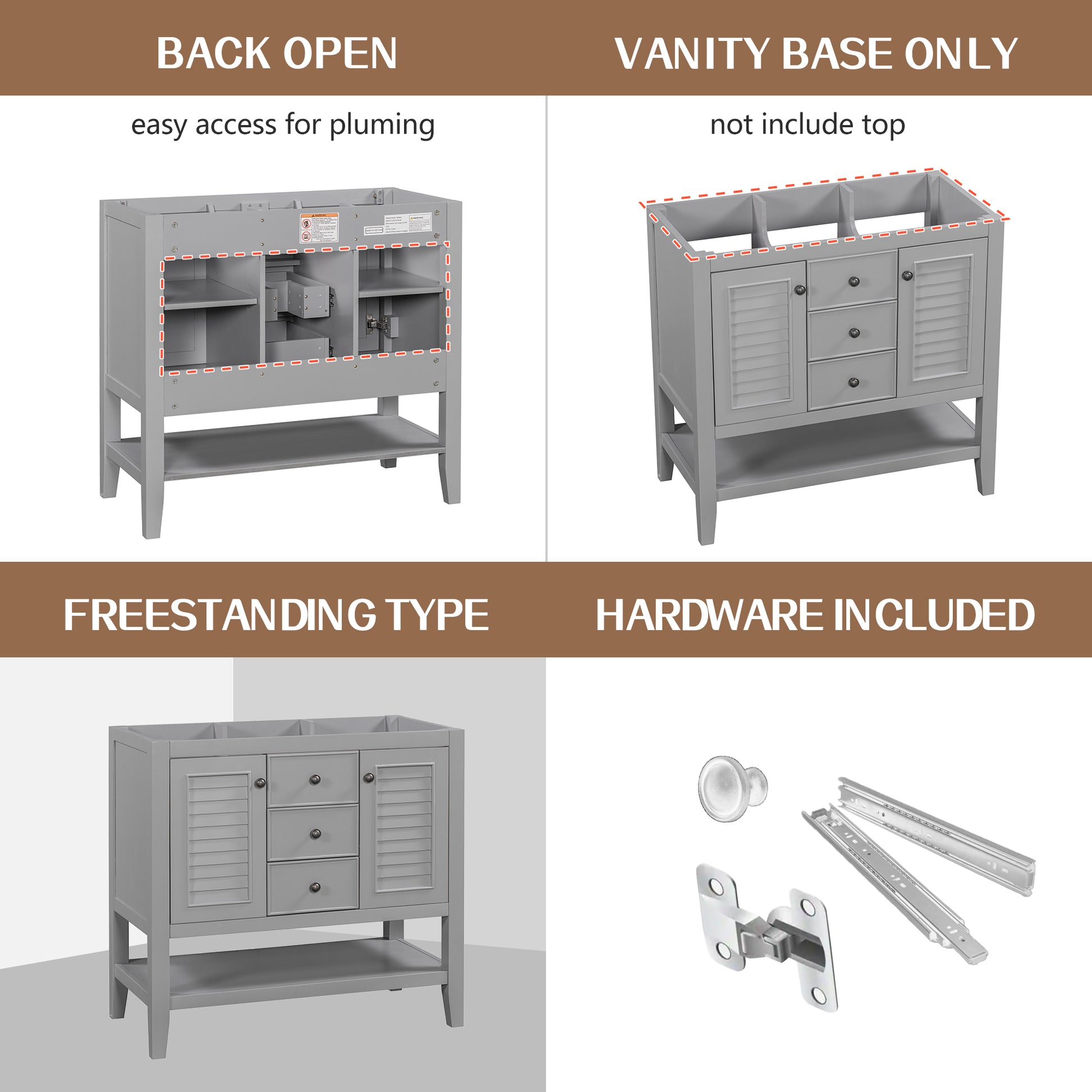 36" Bathroom Vanity Without Sink, Cabinet Base Only, Two Cabinets And Drawers, Open Shelf, Solid Wood Frame, Grey Grey Solid Wood Mdf