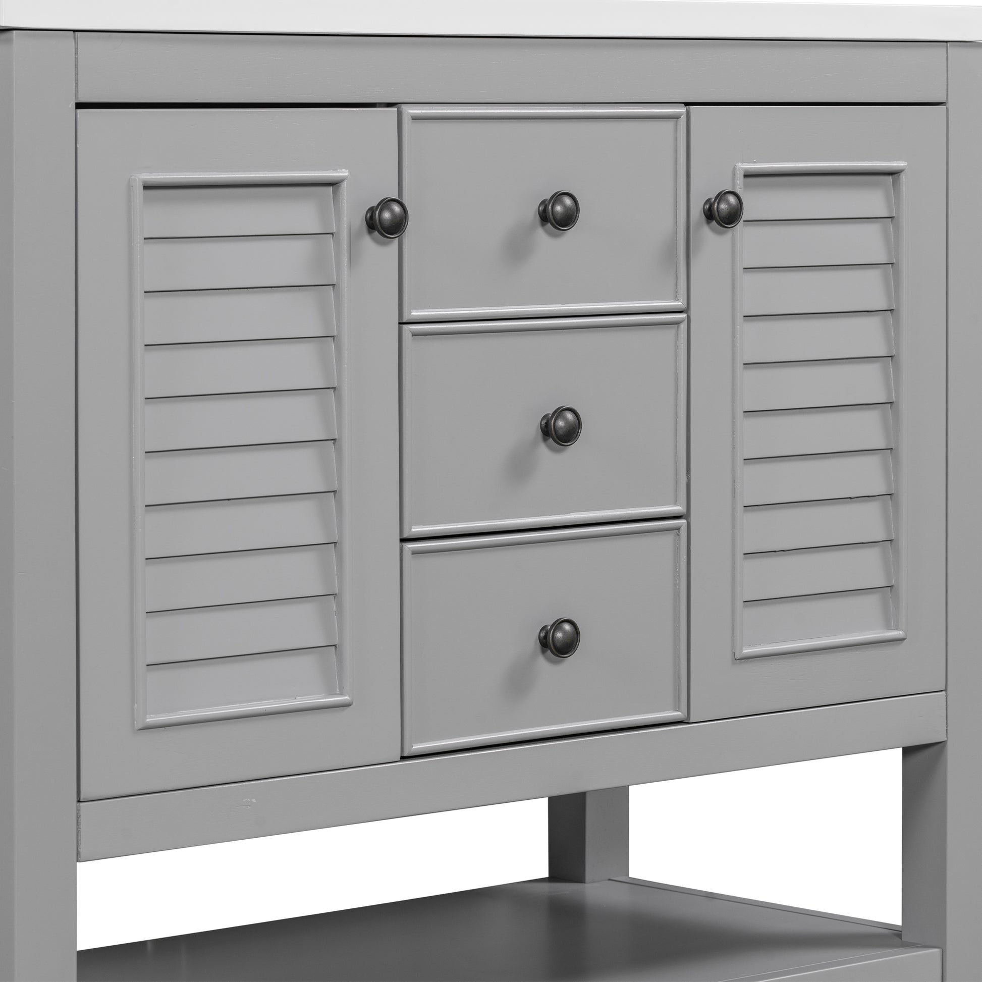 36" Bathroom Vanity With Ceramic Basin, Two Cabinets And Drawers, Open Shelf, Solid Wood Frame, Grey Old Sku: Sy999101Aae 1 Grey Solid Wood Mdf