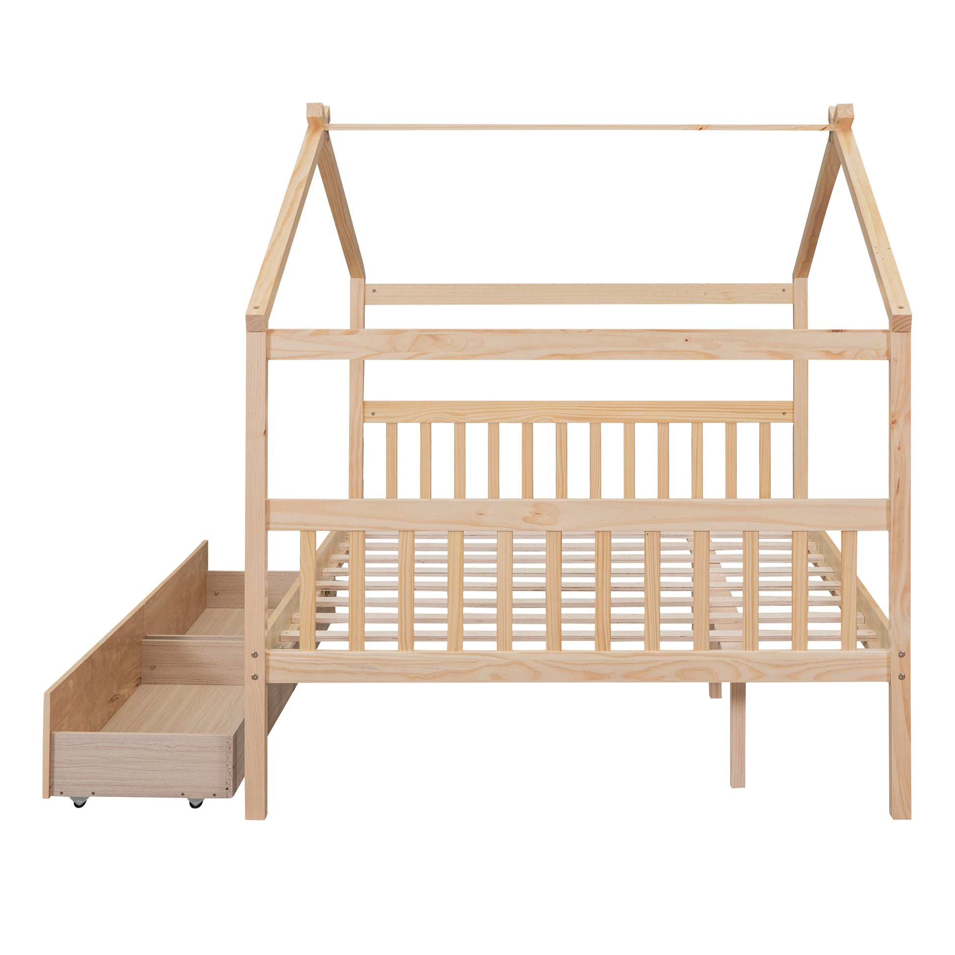 Full Size Wooden House Bed With Drawers, Natural Natural Solid Wood Mdf