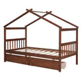 Twin Size Wooden House Bed With Drawers, Walnut Walnut Solid Wood Mdf