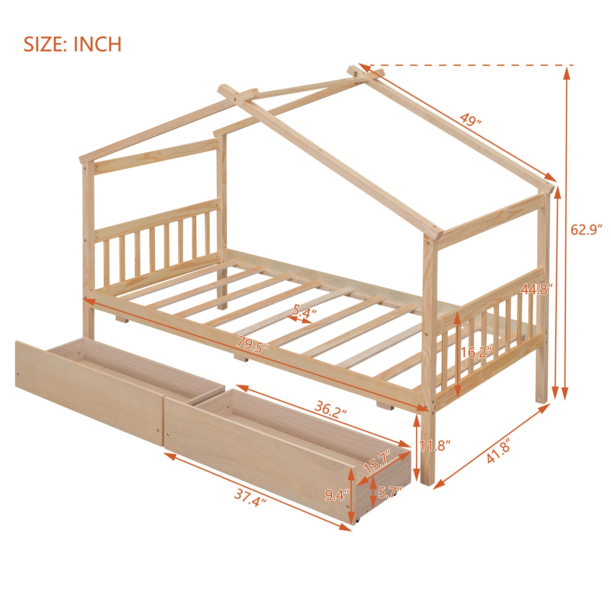 Twin Size Wooden House Bed With Drawers, Natural Natural Solid Wood Mdf