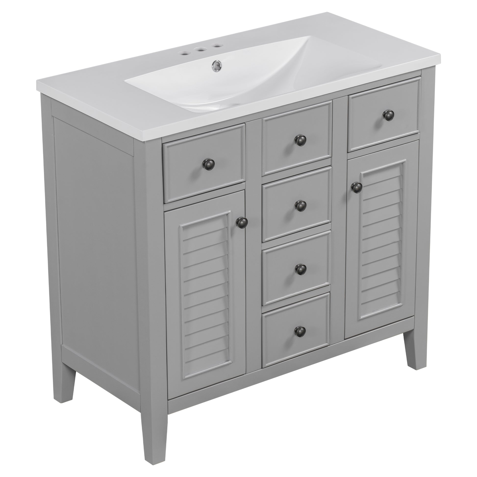 36" Bathroom Vanity With Ceramic Basin, Two Cabinets And Five Drawers, Solid Wood Frame, Grey Old Sku: Sy999202Aae 1 Grey Solid Wood Mdf