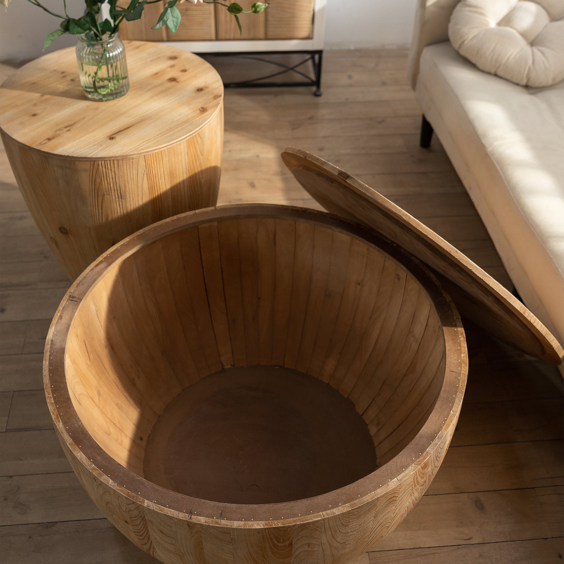 31.50"Vintage Style Bucket Shaped Coffee Table For Office, Dining Room And Living Room Same Sku:W757P170149 Natural Solid Wood Mdf