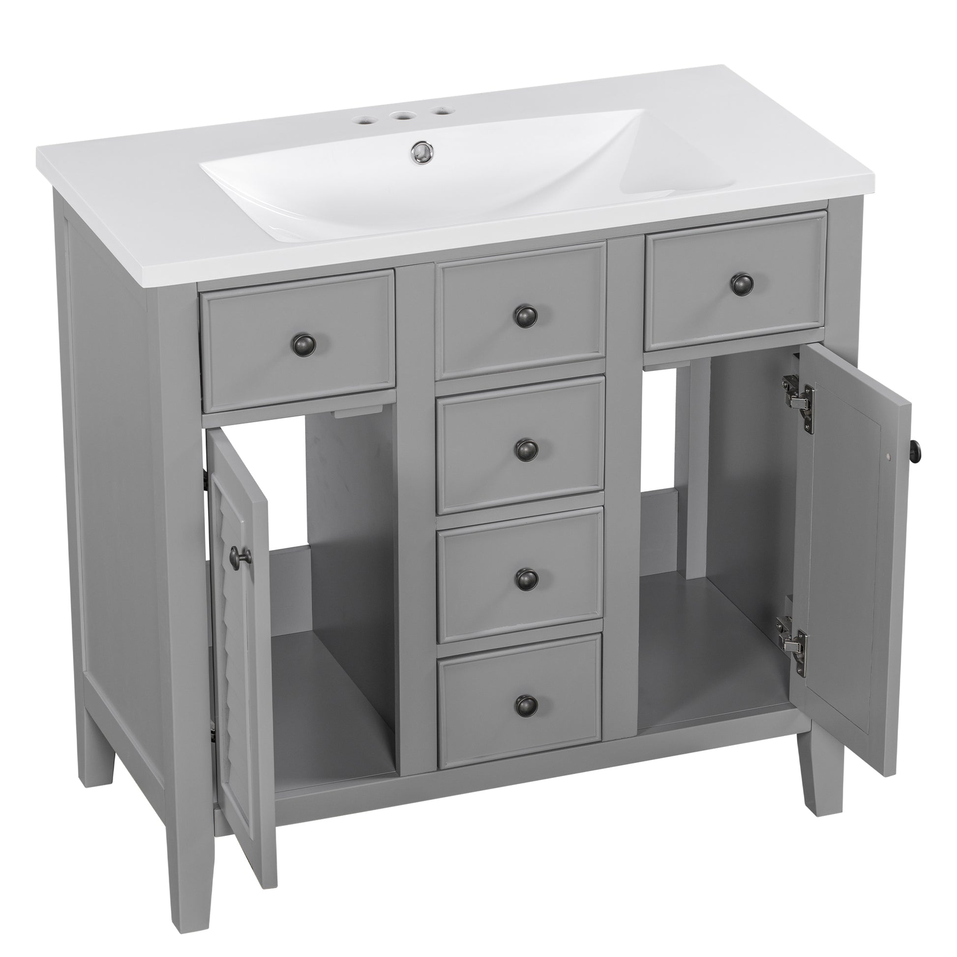 36" Bathroom Vanity With Ceramic Basin, Two Cabinets And Five Drawers, Solid Wood Frame, Grey Old Sku: Sy999202Aae Grey Solid Wood Mdf