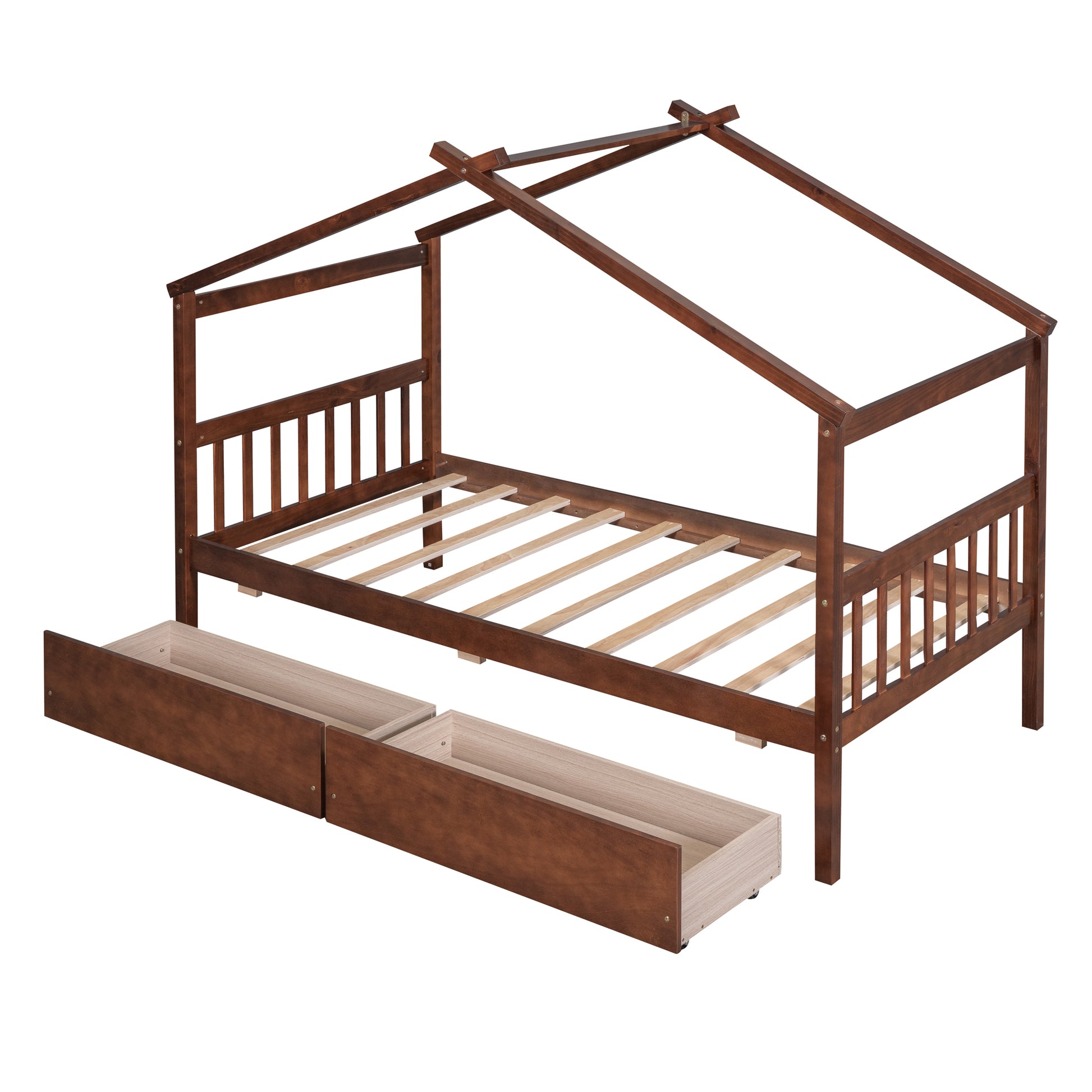 Twin Size Wooden House Bed With Drawers, Walnut Walnut Solid Wood Mdf