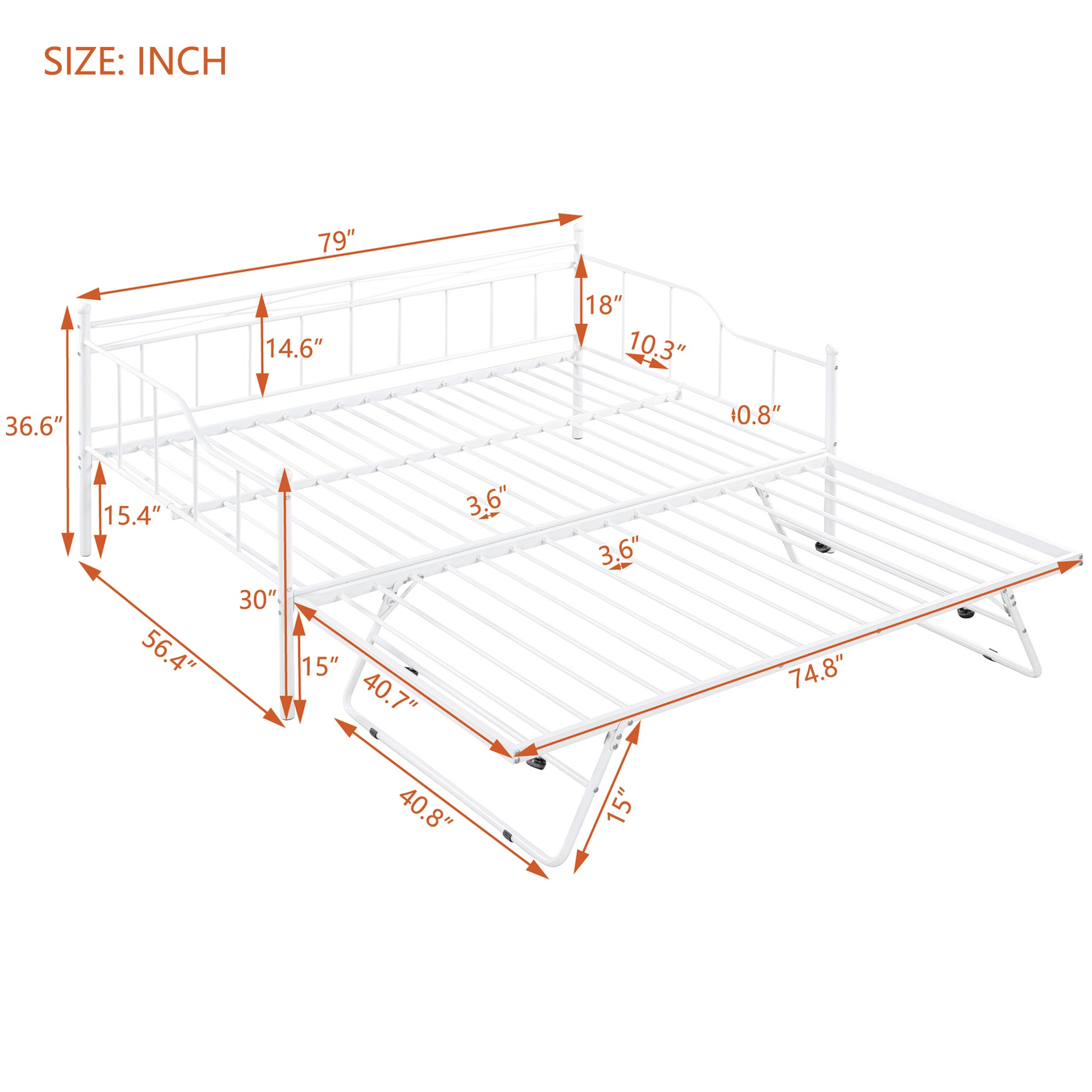 Full Size Metal Daybed With Twin Size Adjustable Trundle, Portable Folding Trundle, White Old Sku:Mf293736Aak White Steel