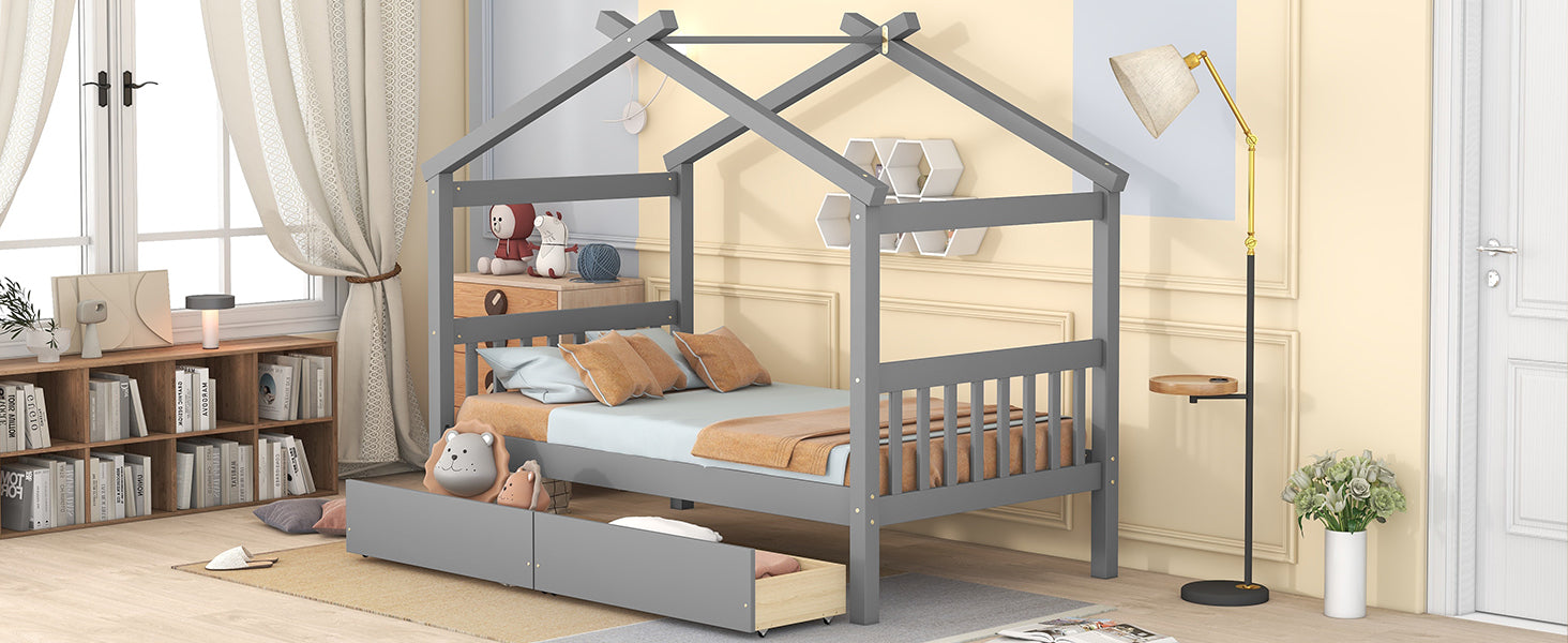 Twin Size Wooden House Bed With Drawers, Gray Gray Solid Wood Mdf