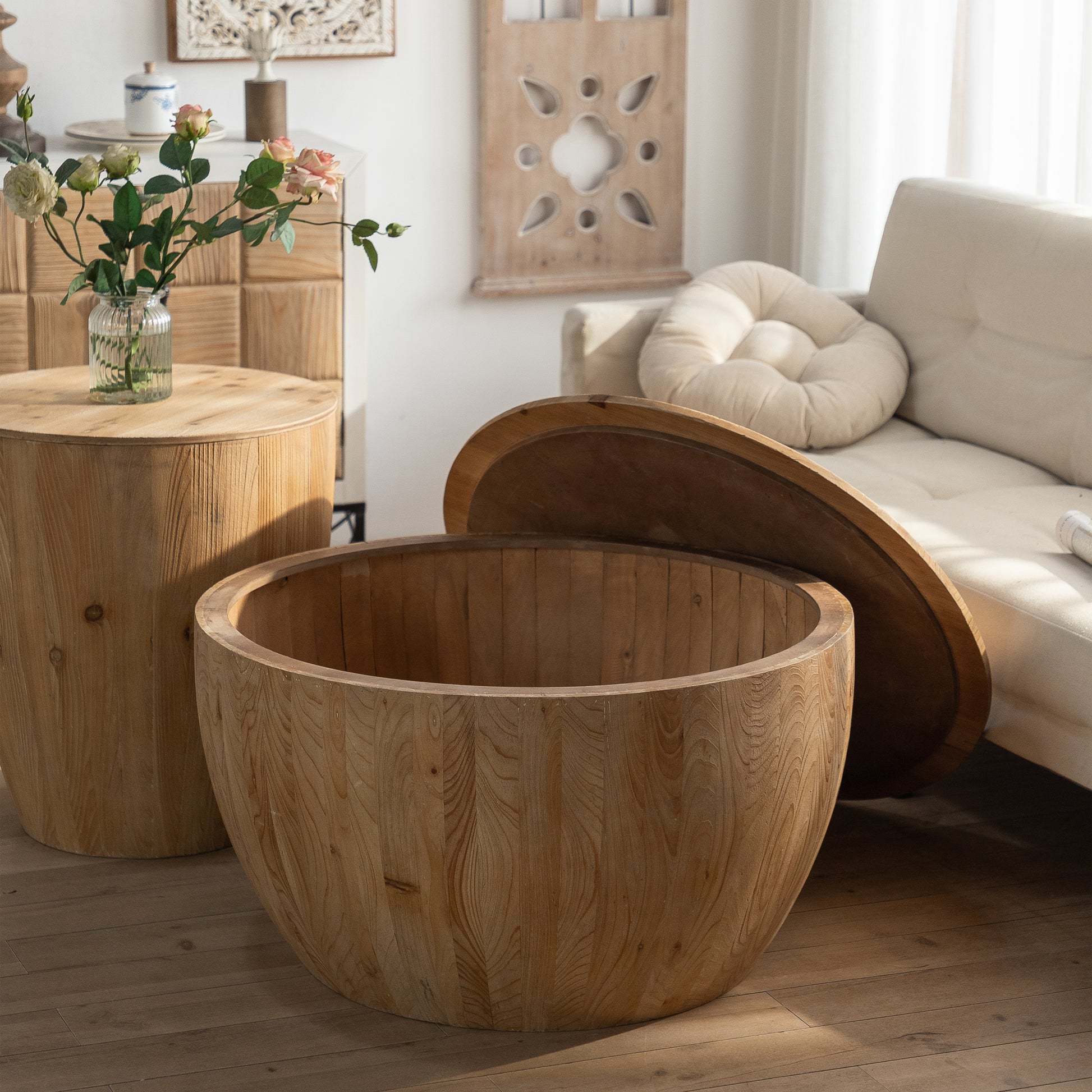 31.50"Vintage Style Bucket Shaped Coffee Table For Office, Dining Room And Living Room Same Sku:W757P170149 Natural Solid Wood Mdf