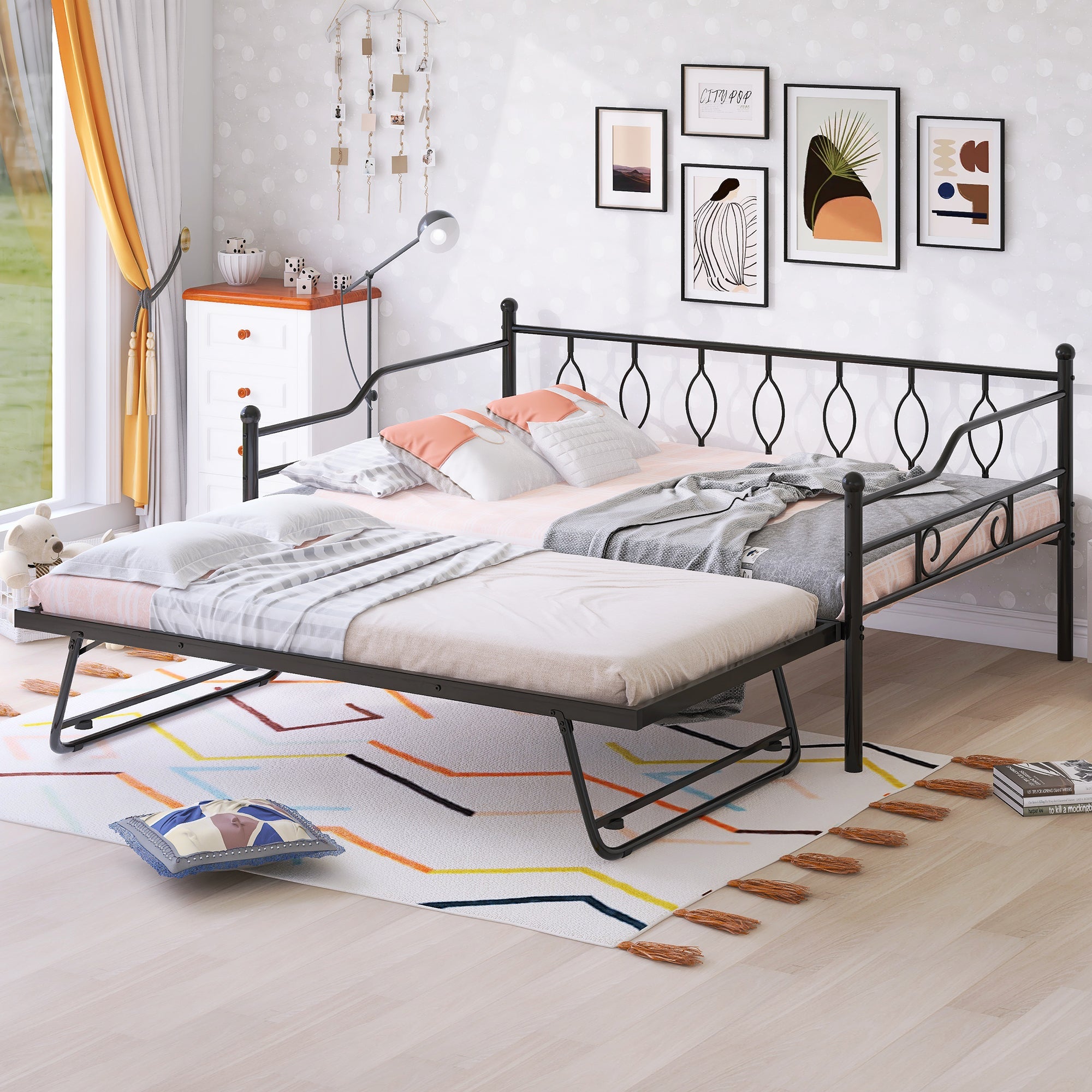 Full Size Metal Daybed With Twin Size Adjustable Trundle, Portable Folding Trundle, Black Old Sku:Mf293730Aab Black Steel