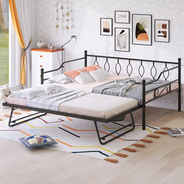 Full Size Metal Daybed With Twin Size Adjustable Trundle, Portable Folding Trundle, Black Old Sku:Mf293730Aab Black Steel