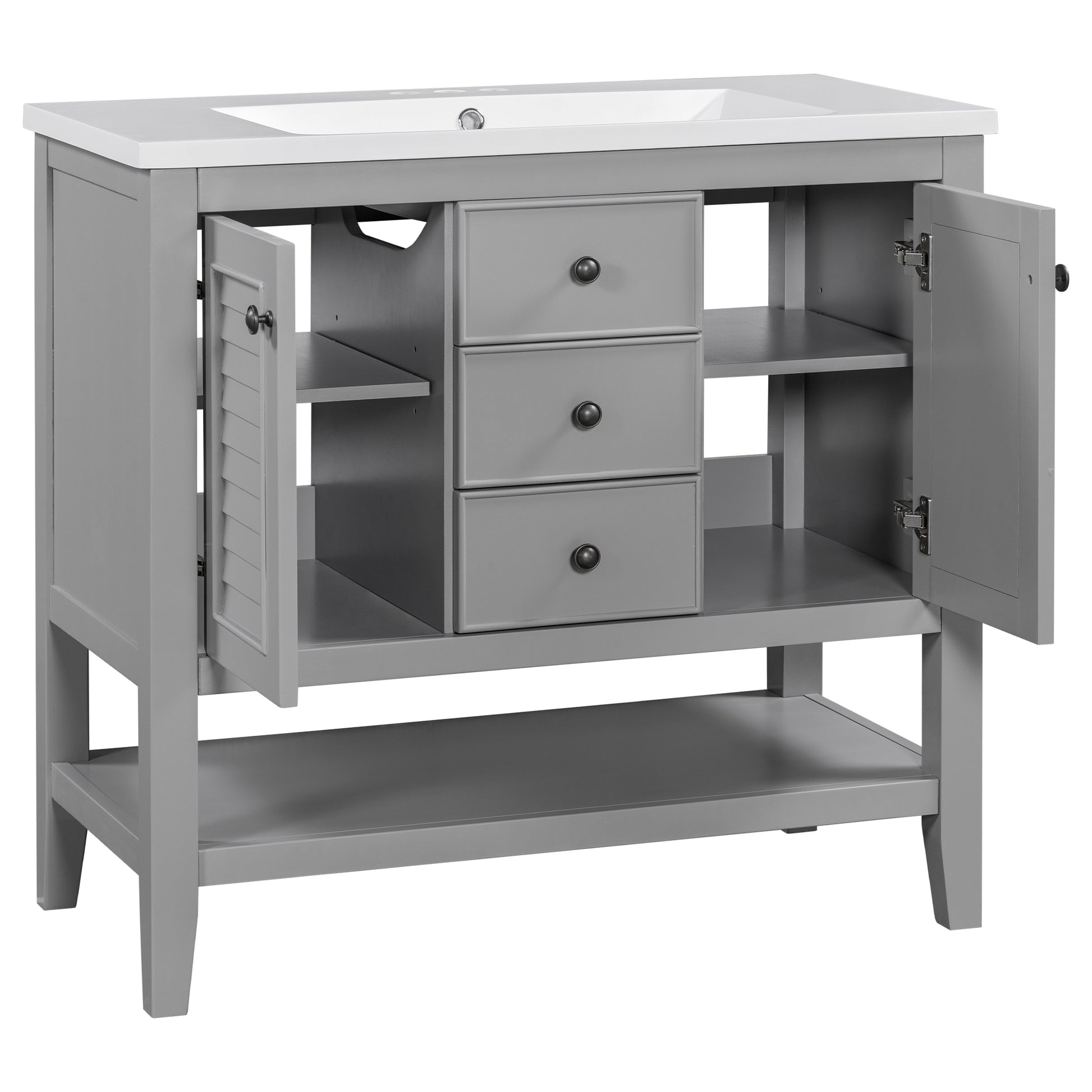 36" Bathroom Vanity With Ceramic Basin, Two Cabinets And Drawers, Open Shelf, Solid Wood Frame, Grey Old Sku: Sy999101Aae Grey Solid Wood Mdf