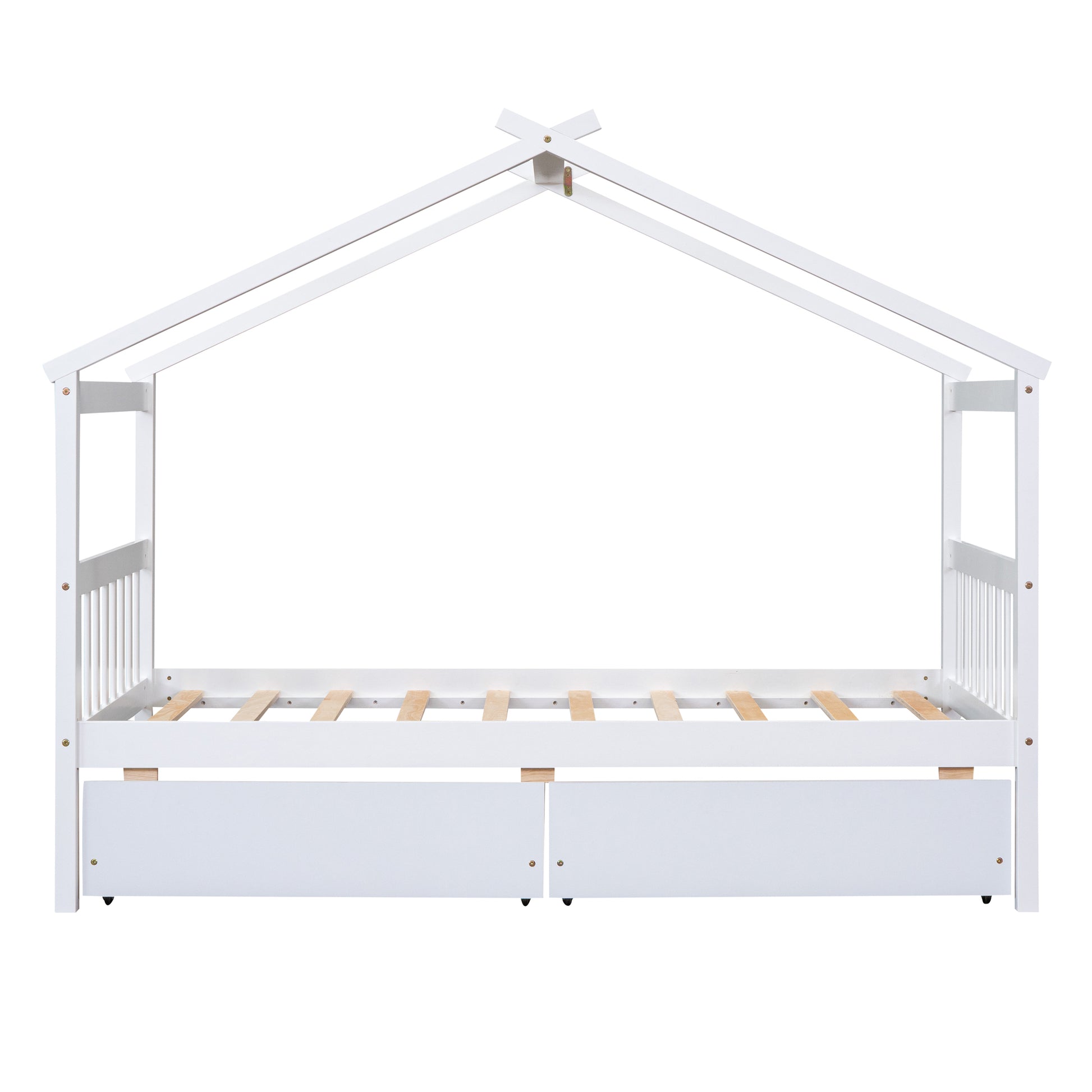 Twin Size Wooden House Bed With Drawers, White White Solid Wood Mdf