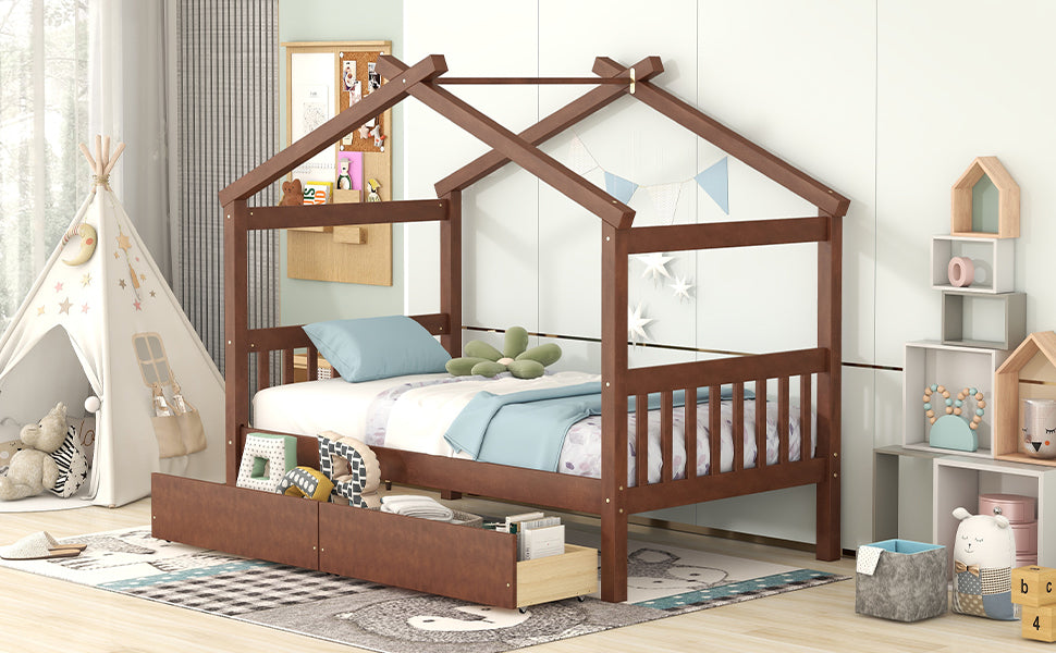 Twin Size Wooden House Bed With Drawers, Walnut Walnut Solid Wood Mdf