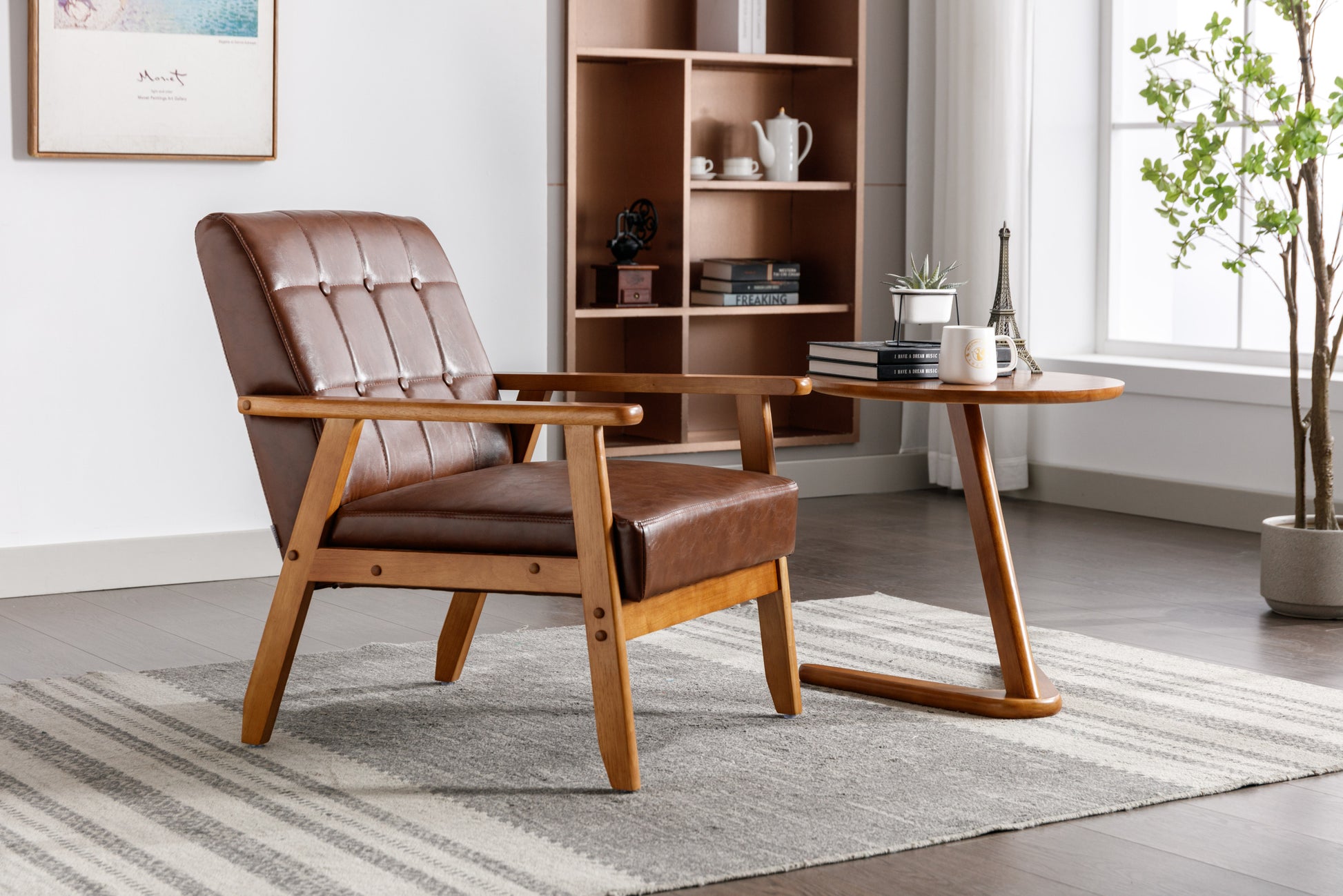 Leisure Chair With Solid Wood Armrest And Feet, Mid Century Modern Accent Chair, For Living Room Bedroom Studio Chair Brown Pu Pu Leather