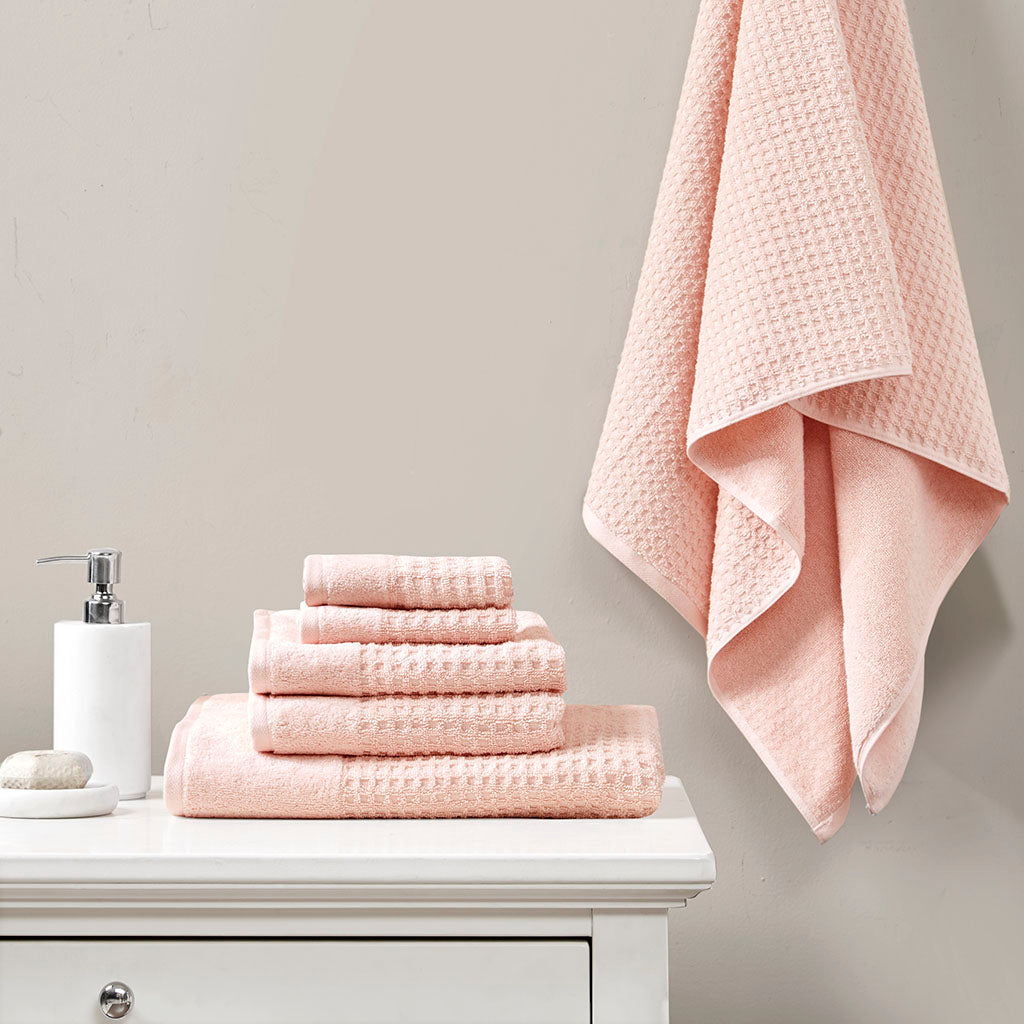 Cotton Waffle Jacquard Antimicrobial Bath Towel 6 Piece Set Pink Cotton