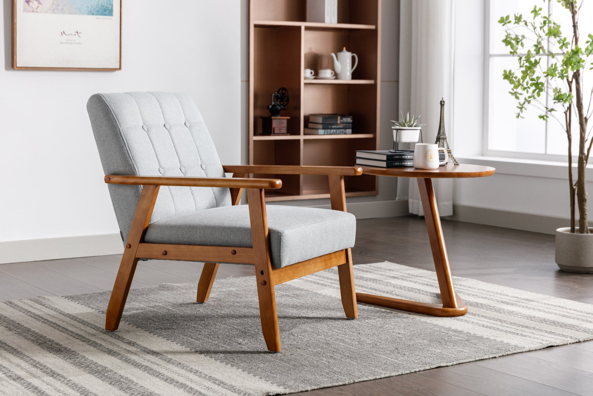 Leisure Chair With Solid Wood Armrest And Feet, Mid Century Modern Accent Chair, For Living Room Bedroom Studio Chair Light Gray Linen