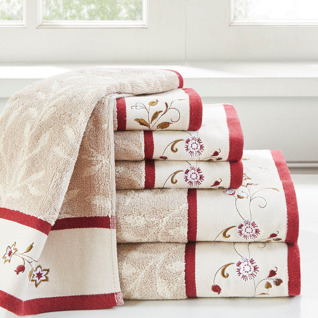 Embroidered Cotton Jacquard 6 Piece Towel Set Red Cotton