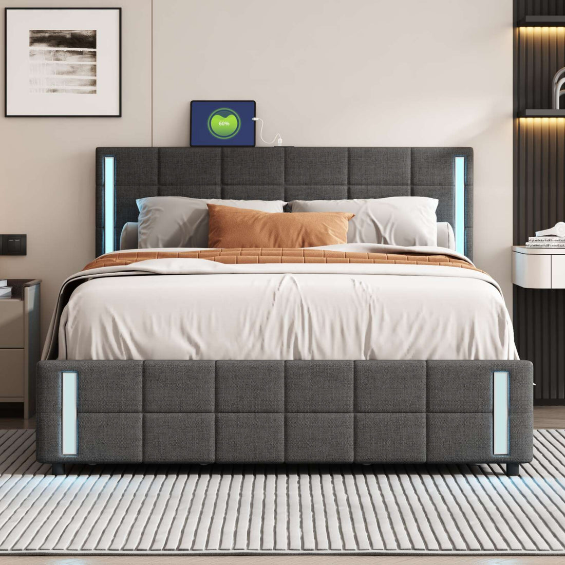 Queen Size Upholstered Platform Bed With Led Lights And Usb Charging, Storage Bed With 4 Drawers, Gray Linen Gray Linen