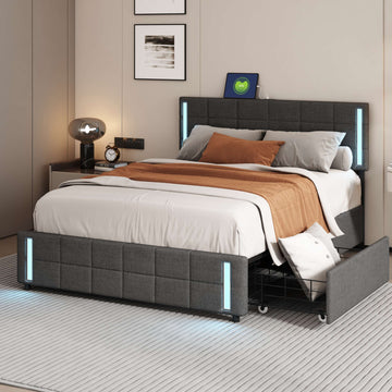 Queen Size Upholstered Platform Bed With Led Lights And Usb Charging, Storage Bed With 4 Drawers, Gray Linen Gray Linen