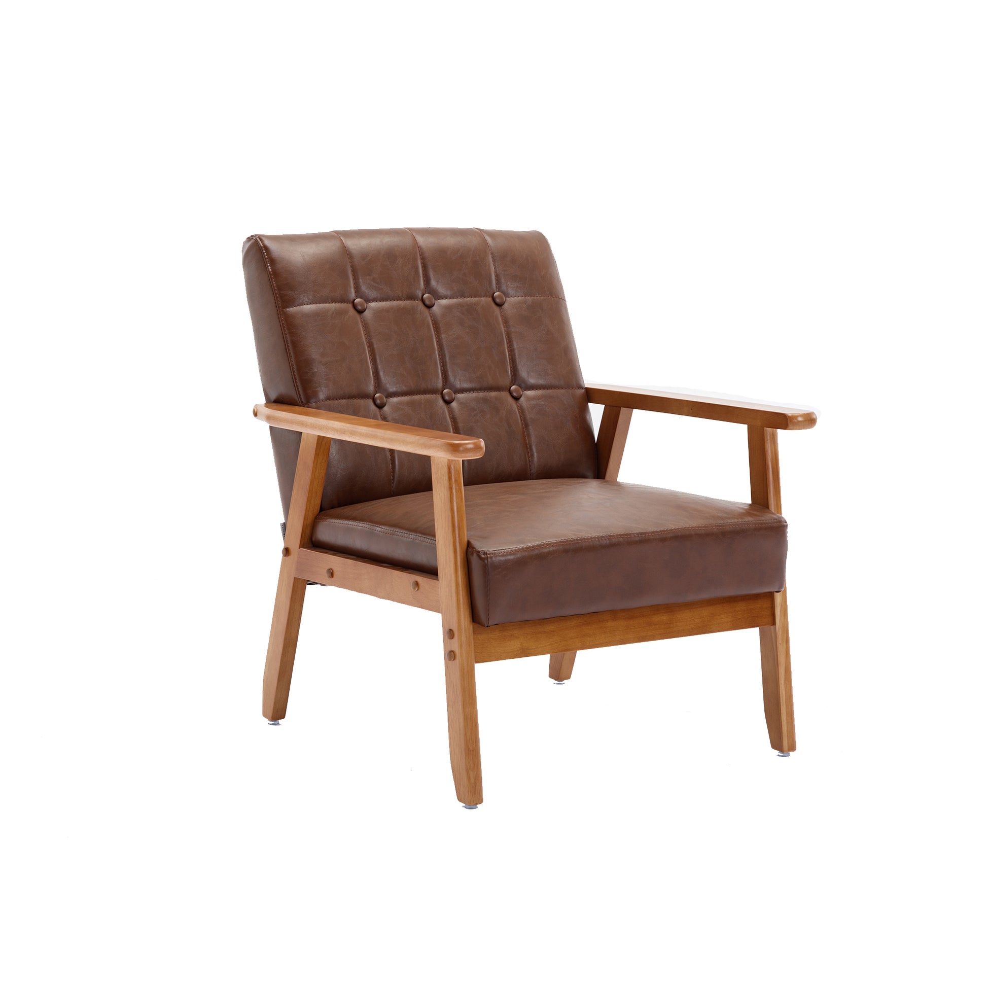 Leisure Chair With Solid Wood Armrest And Feet, Mid Century Modern Accent Chair, For Living Room Bedroom Studio Chair Brown Pu Pu Leather