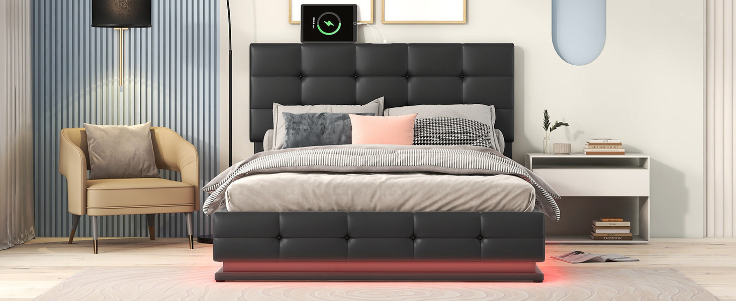 Full Size Tufted Upholstered Platform Bed With Hydraulic Storage System,Pu Storage Bed With Led Lights And Usb Charger, Black Black Pu