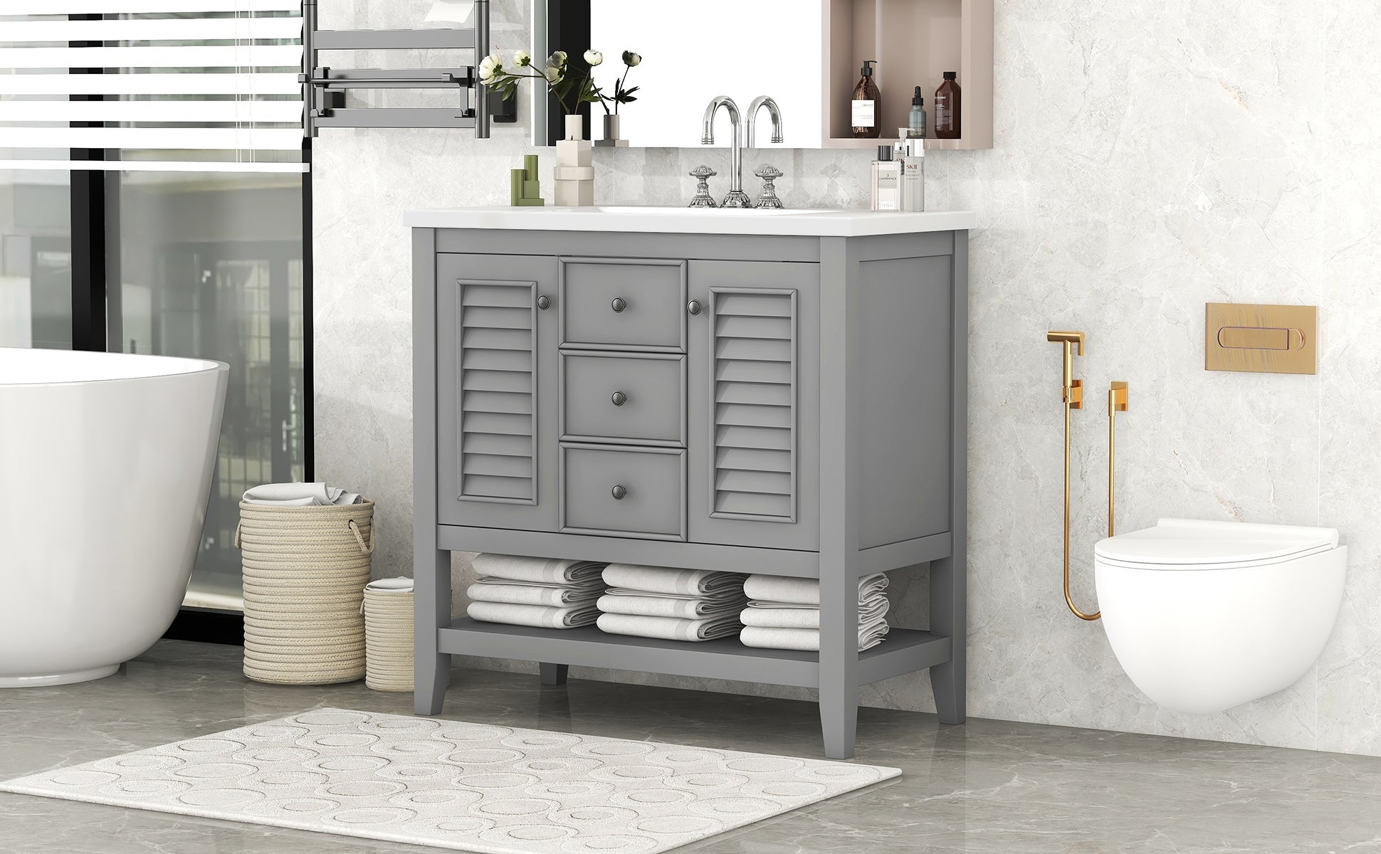 36" Bathroom Vanity With Ceramic Basin, Two Cabinets And Drawers, Open Shelf, Solid Wood Frame, Grey Old Sku: Sy999101Aae Grey Solid Wood Mdf