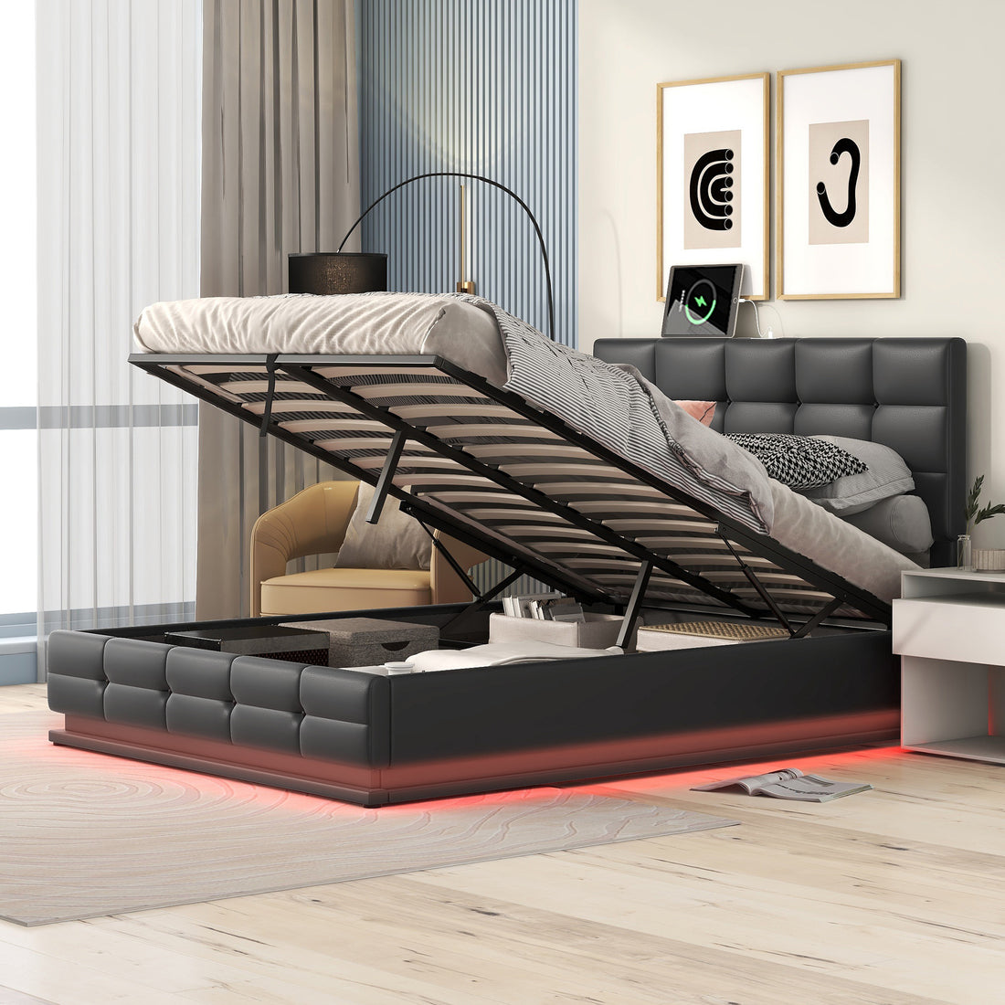 Full Size Tufted Upholstered Platform Bed With Hydraulic Storage System,Pu Storage Bed With Led Lights And Usb Charger, Black Black Pu