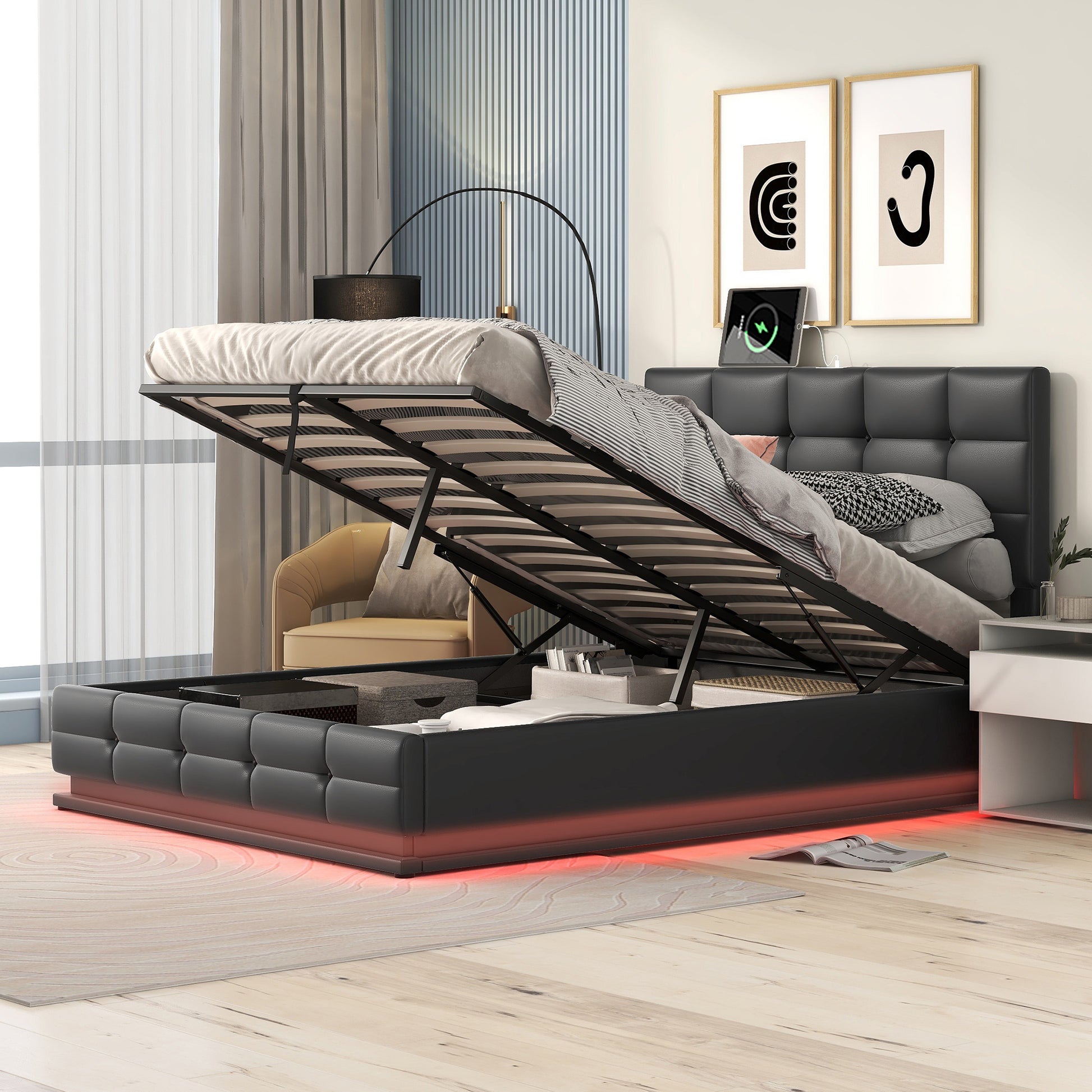 Full Size Tufted Upholstered Platform Bed With Hydraulic Storage System,Pu Storage Bed With Led Lights And Usb Charger, Black Black Pu