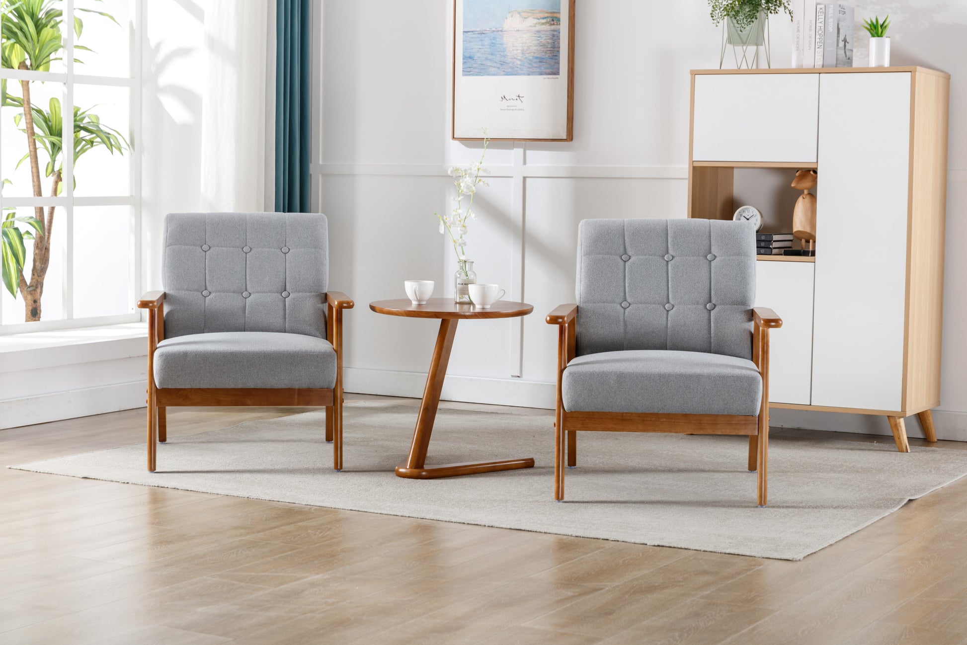 Accent Chairs Set Of 2 With Side Table, Mid Century Modern Accent Chair, Wood And Fabric Armchairs Side Chair, Lounge Reading Comfy Arm Chair For Living Room, Bedroom, Office Light Gray Polyester