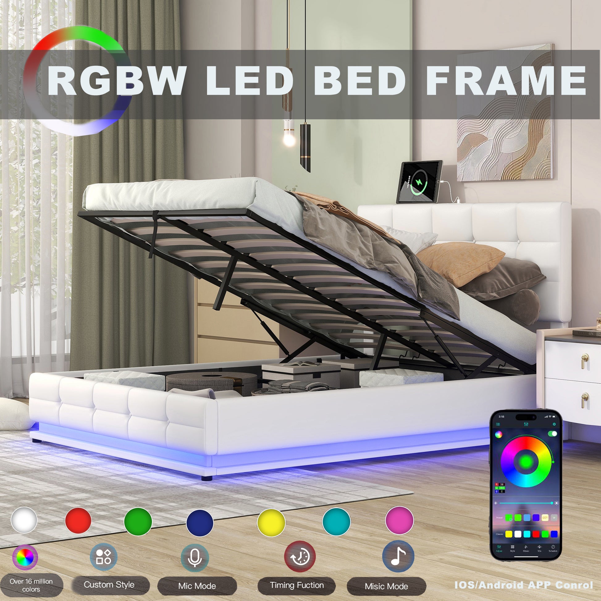 Full Size Tufted Upholstered Platform Bed With Hydraulic Storage System,Pu Storage Bed With Led Lights And Usb Charger, White Expected Arrival Time: 5.15,At White Pu