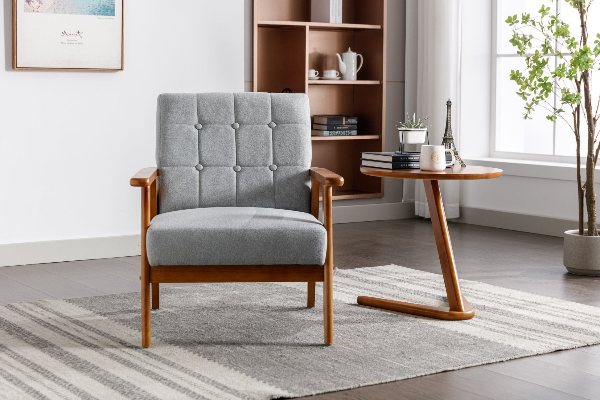 Leisure Chair With Solid Wood Armrest And Feet, Mid Century Modern Accent Chair, For Living Room Bedroom Studio Chair Light Gray Linen