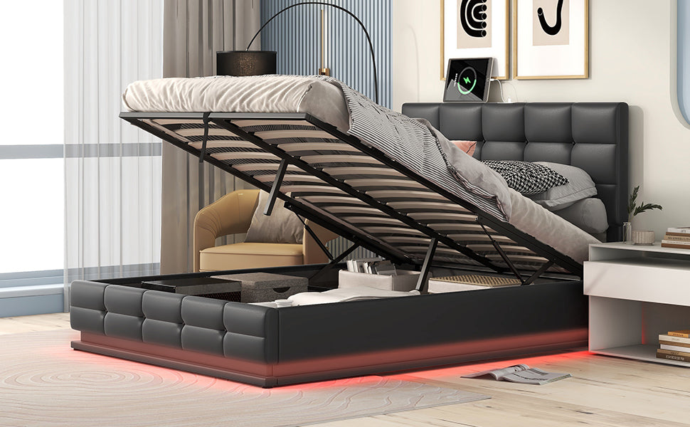 Full Size Tufted Upholstered Platform Bed With Hydraulic Storage System,Pu Storage Bed With Led Lights And Usb Charger, Black Black Pu