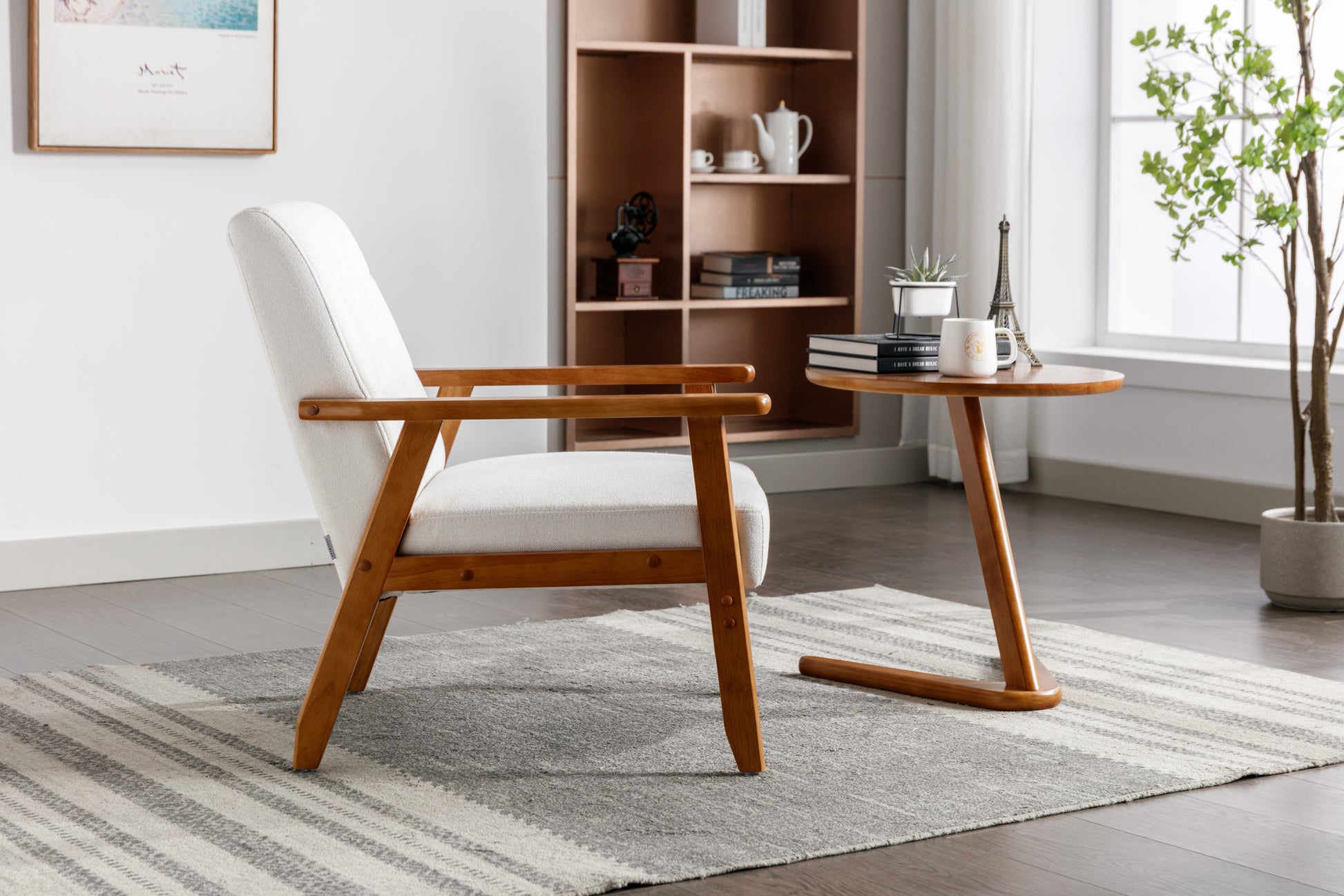 Leisure Chair With Solid Wood Armrest And Feet, Mid Century Modern Accent Chair, For Living Room Bedroom Studio Chair Beige Linen