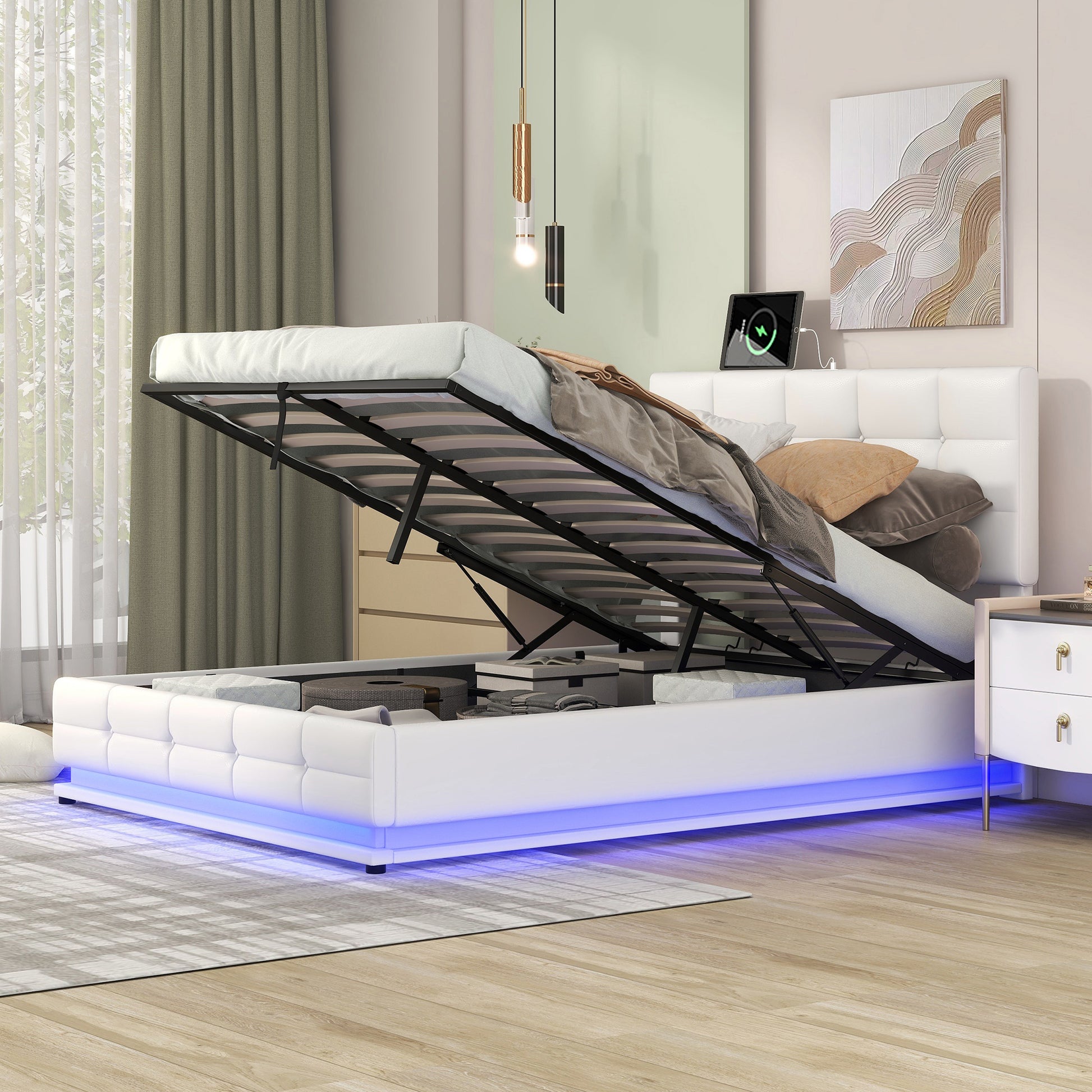Full Size Tufted Upholstered Platform Bed With Hydraulic Storage System,Pu Storage Bed With Led Lights And Usb Charger, White Expected Arrival Time: 5.15,At White Pu