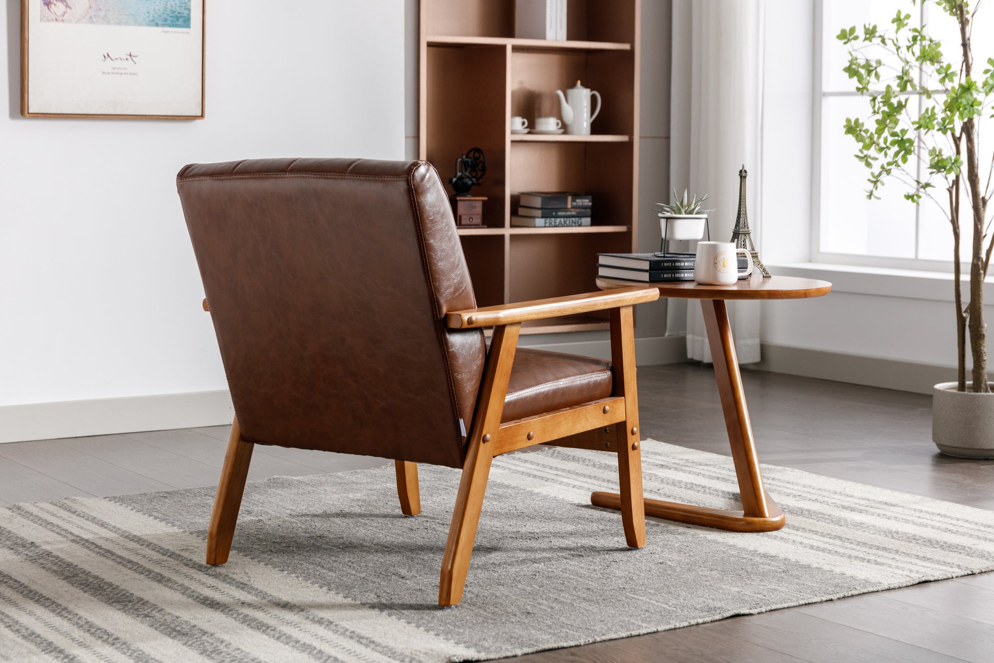 Leisure Chair With Solid Wood Armrest And Feet, Mid Century Modern Accent Chair, For Living Room Bedroom Studio Chair Brown Pu Pu Leather