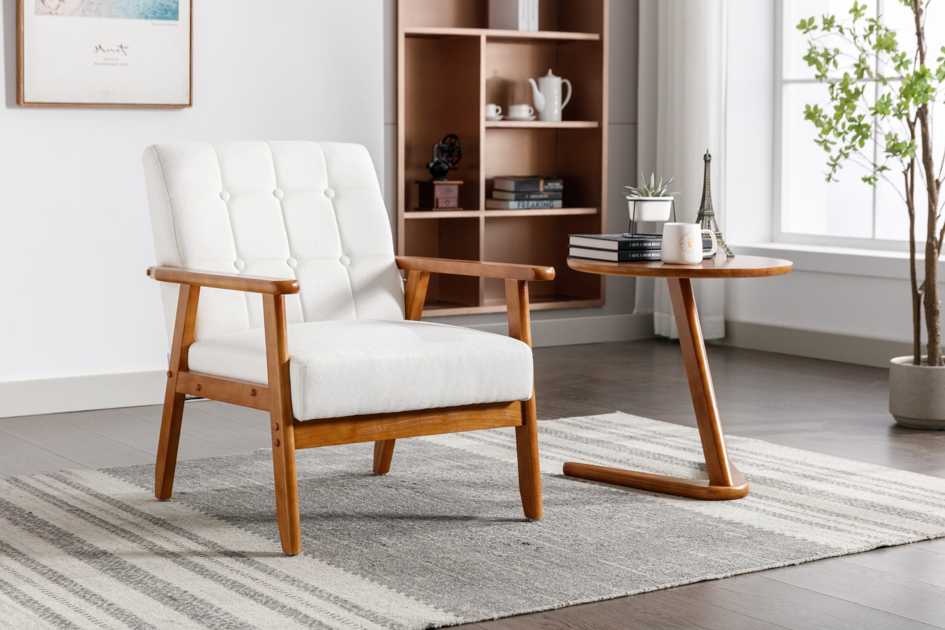 Leisure Chair With Solid Wood Armrest And Feet, Mid Century Modern Accent Chair, For Living Room Bedroom Studio Chair Beige Linen