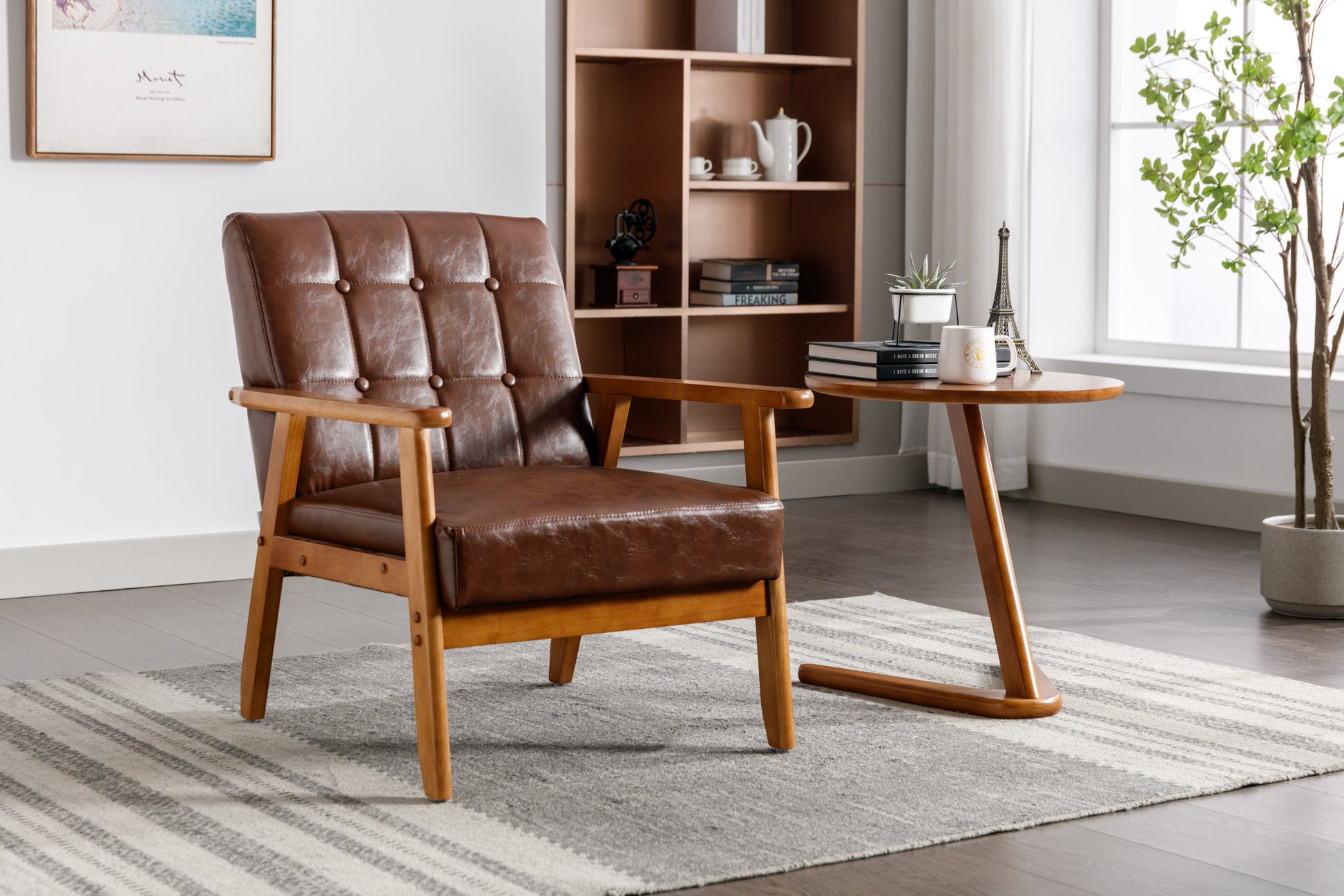 Leisure Chair With Solid Wood Armrest And Feet, Mid Century Modern Accent Chair, For Living Room Bedroom Studio Chair Brown Pu Pu Leather