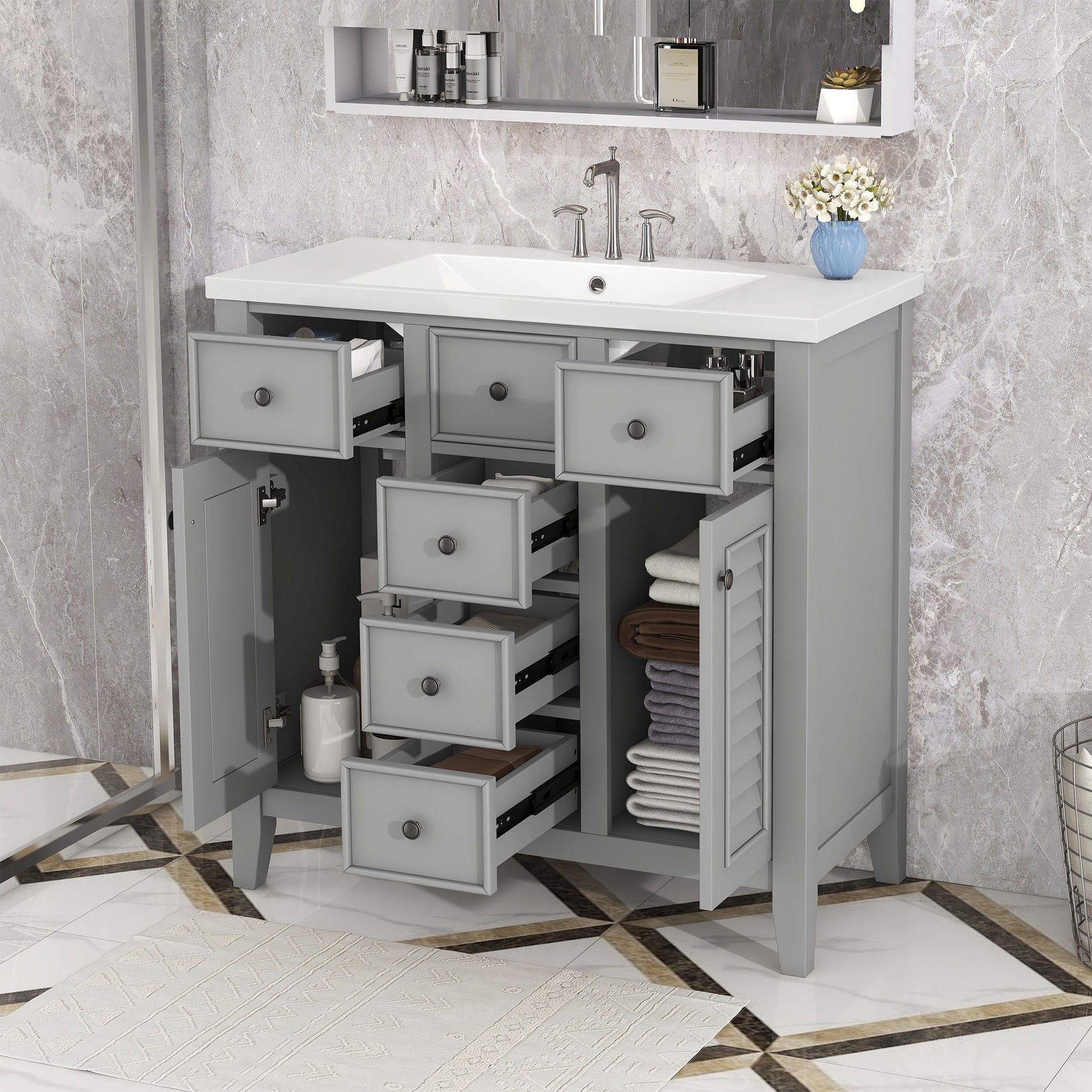 36" Bathroom Vanity With Ceramic Basin, Two Cabinets And Five Drawers, Solid Wood Frame, Grey Old Sku: Sy999202Aae Grey Solid Wood Mdf