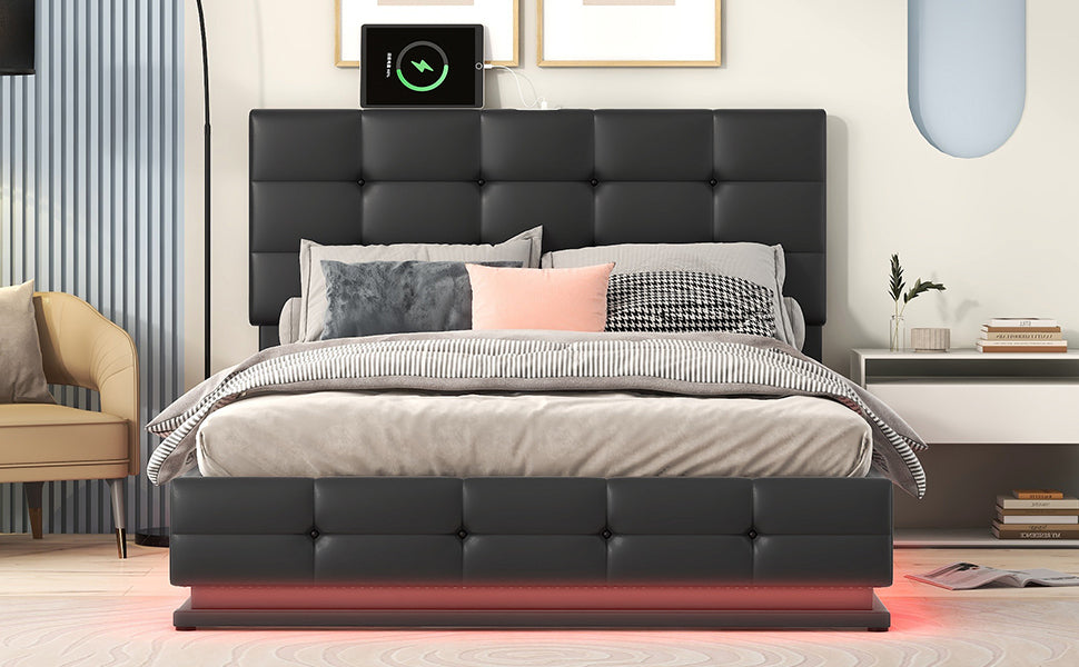 Full Size Tufted Upholstered Platform Bed With Hydraulic Storage System,Pu Storage Bed With Led Lights And Usb Charger, Black Black Pu