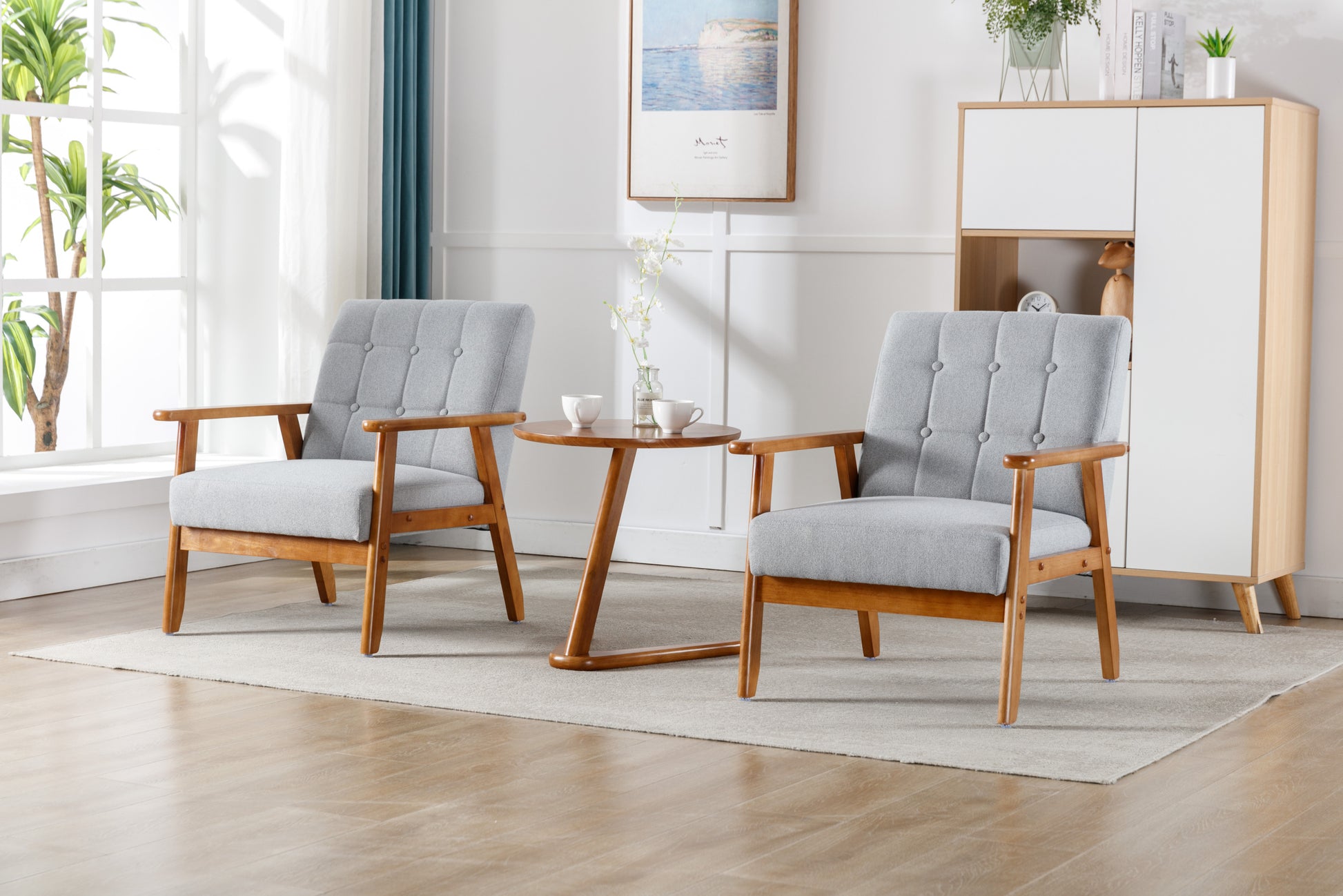 Accent Chairs Set Of 2 With Side Table, Mid Century Modern Accent Chair, Wood And Fabric Armchairs Side Chair, Lounge Reading Comfy Arm Chair For Living Room, Bedroom, Office Light Gray Polyester
