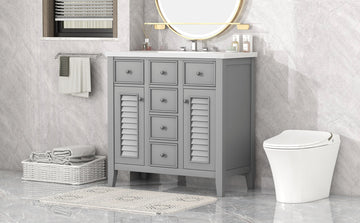 36" Bathroom Vanity With Ceramic Basin, Two Cabinets And Five Drawers, Solid Wood Frame, Grey Old Sku: Sy999202Aae Grey Solid Wood Mdf