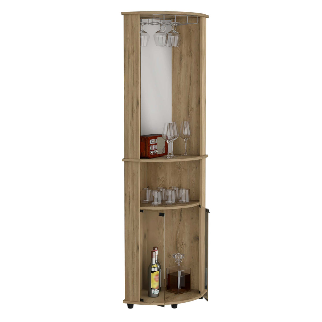 Chicago 75" H Mirrored Corner Bar Cabinet, With Glass Doors, Two Shelves And Stemware Macadamia Natural Walnut Particle Board