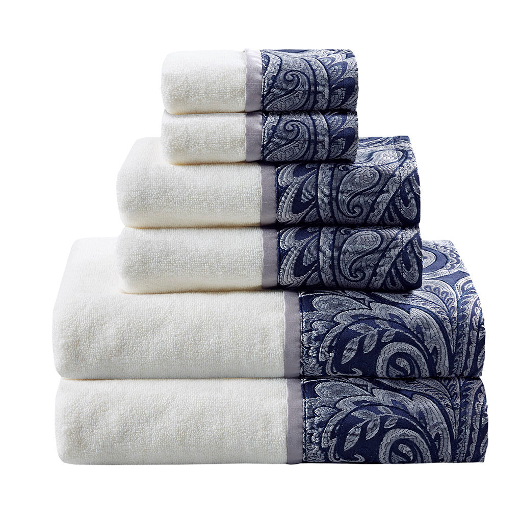 6 Piece Jacquard Towel Set Navy Cotton