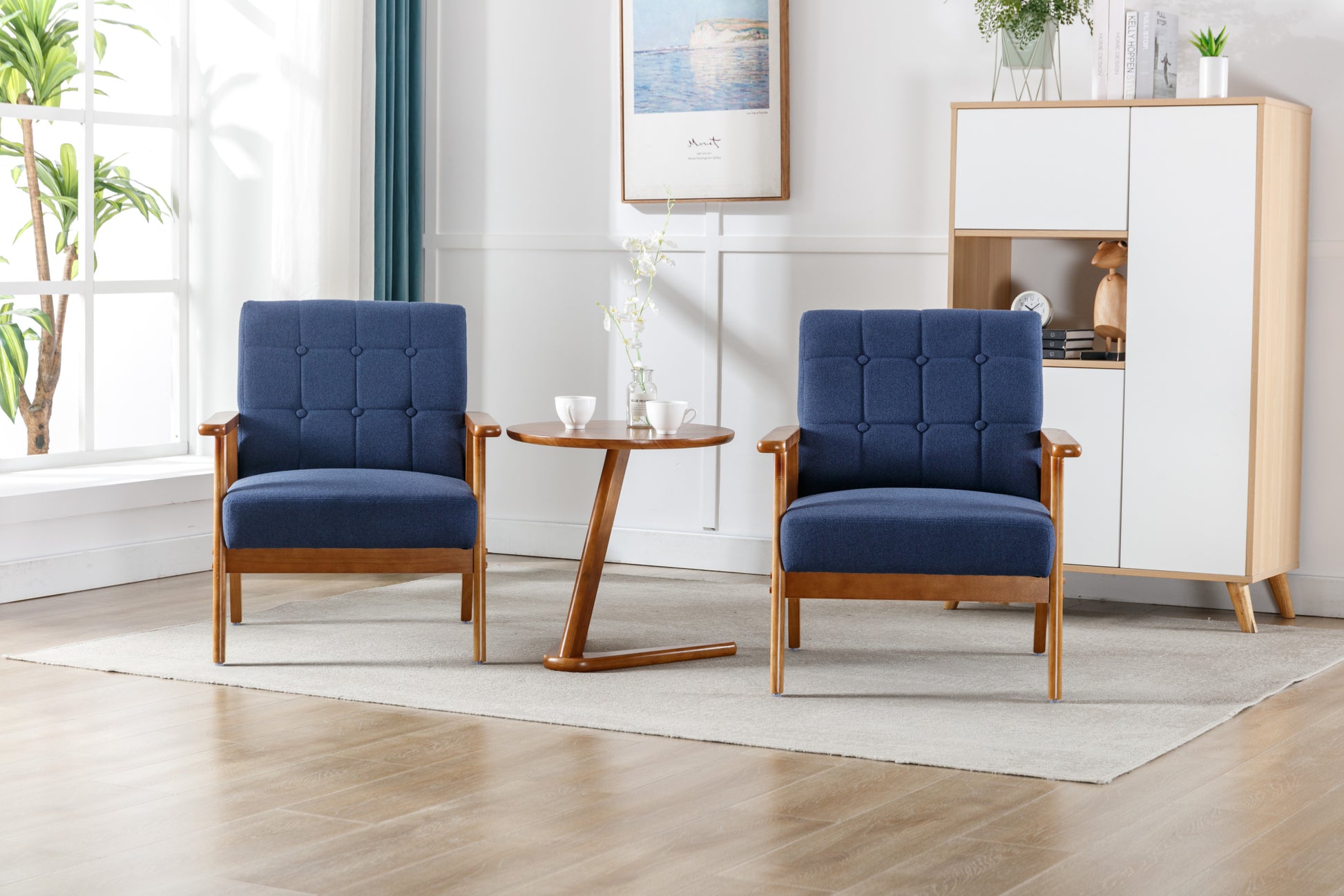 Accent Chairs Set Of 2 With Side Table, Mid Century Modern Accent Chair, Wood And Fabric Armchairs Side Chair, Lounge Reading Comfy Arm Chair For Living Room, Bedroom, Office Navy Linen