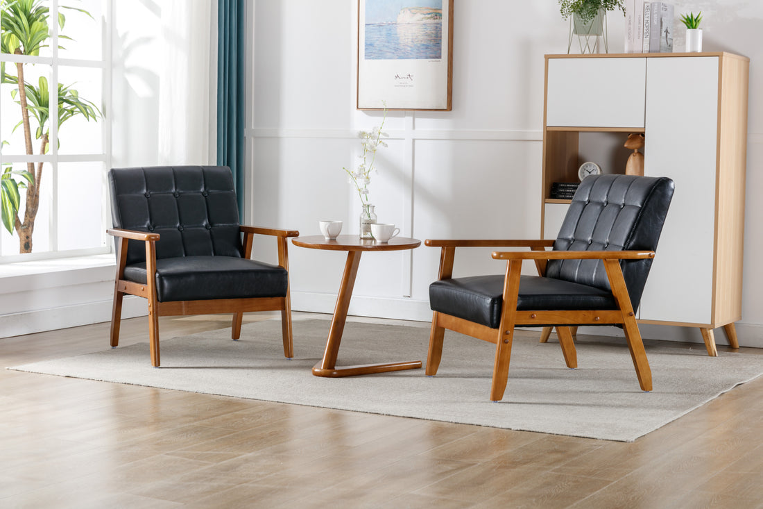 Accent Chairs Set Of 2 With Side Table, Mid Century Modern Accent Chair, Wood And Fabric Armchairs Side Chair, Lounge Reading Comfy Arm Chair For Living Room, Bedroom, Office Black Pu Pu Leather