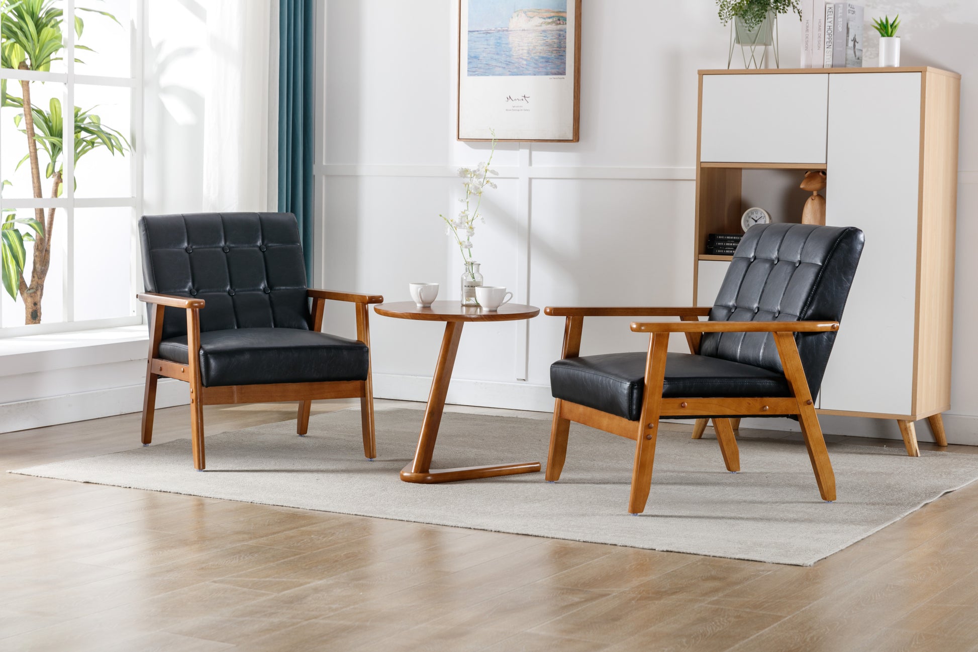 Accent Chairs Set Of 2 With Side Table, Mid Century Modern Accent Chair, Wood And Fabric Armchairs Side Chair, Lounge Reading Comfy Arm Chair For Living Room, Bedroom, Office Black Pu Pu Leather
