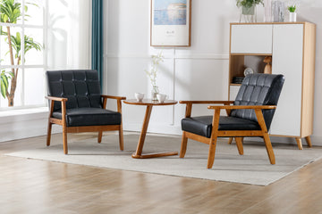 Accent Chairs Set Of 2 With Side Table, Mid Century Modern Accent Chair, Wood And Fabric Armchairs Side Chair, Lounge Reading Comfy Arm Chair For Living Room, Bedroom, Office Black Pu Pu Leather