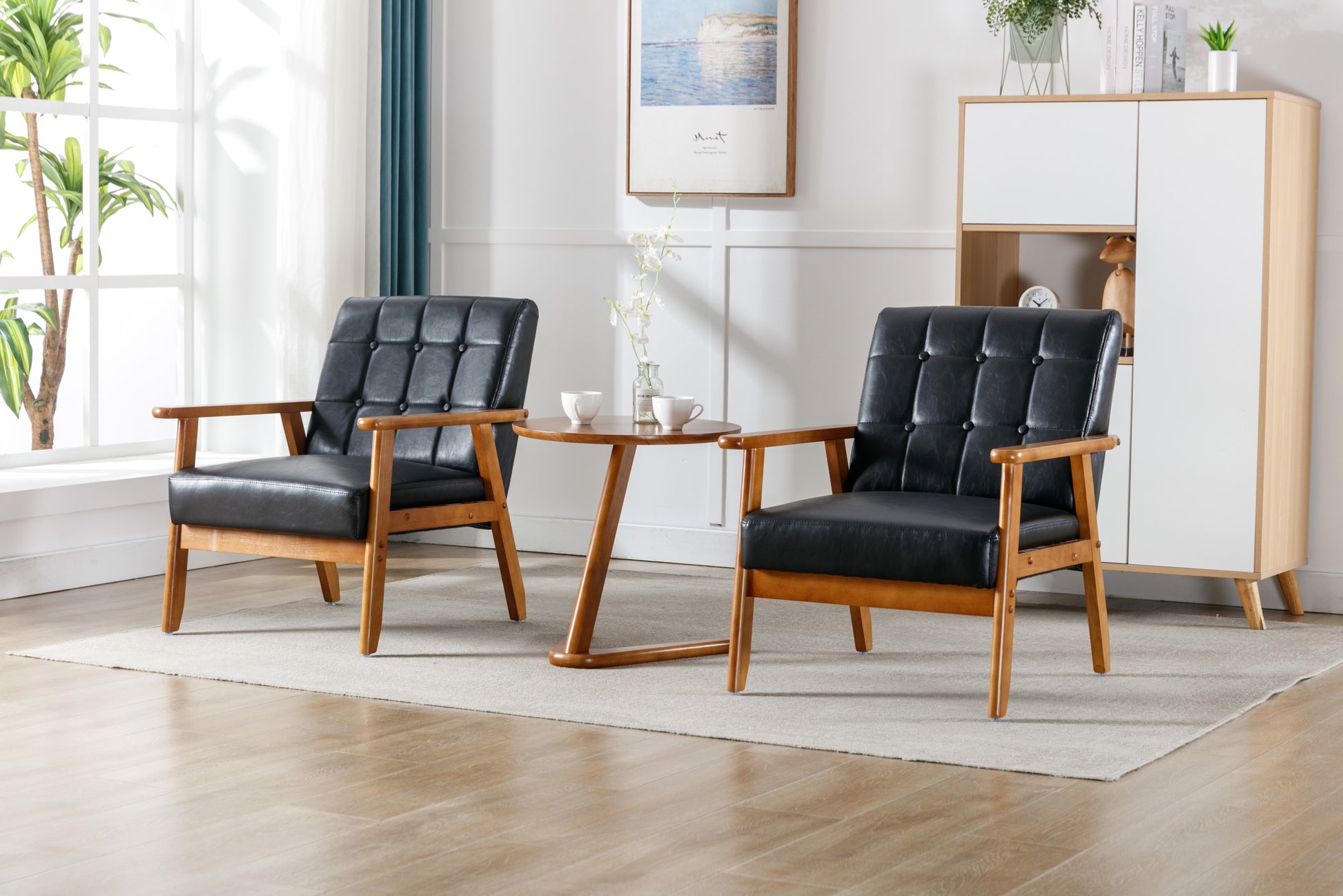Accent Chairs Set Of 2 With Side Table, Mid Century Modern Accent Chair, Wood And Fabric Armchairs Side Chair, Lounge Reading Comfy Arm Chair For Living Room, Bedroom, Office Black Pu Pu Leather